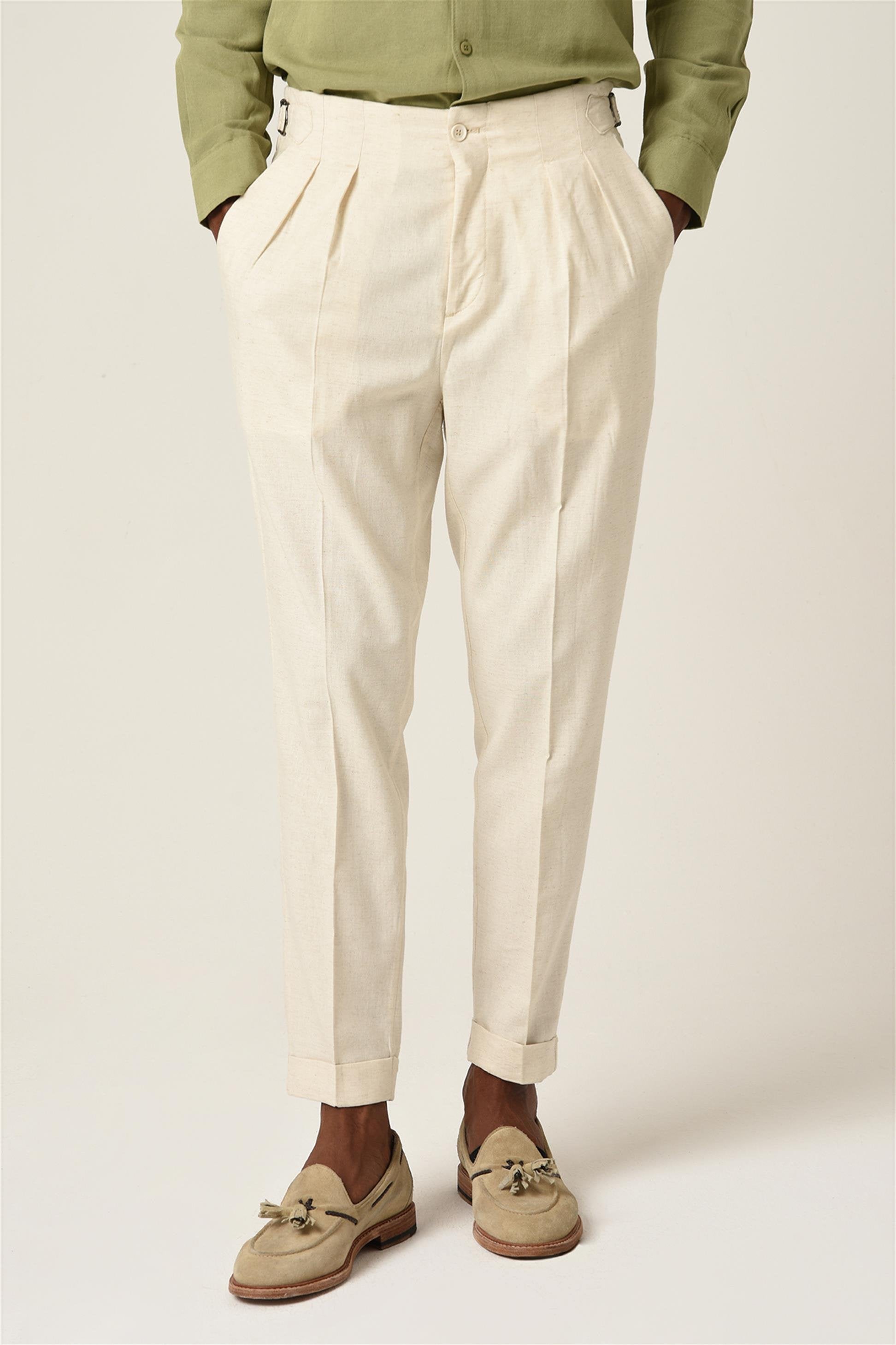 Antioch-Ekru Yüksek Bel Pileli Keten Erkek Pantolon-Kumaş Pantolon-2-Milagron.com