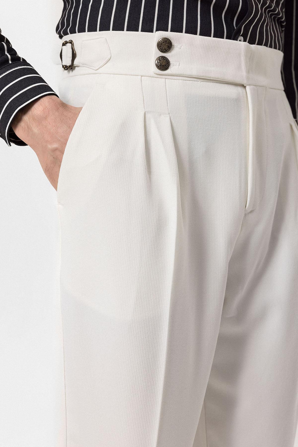 Antioch-Ekru Yüksek Bel Yandan Tokalı Pileli Kumaş Pantolon-Pantolon-4-Milagron.com