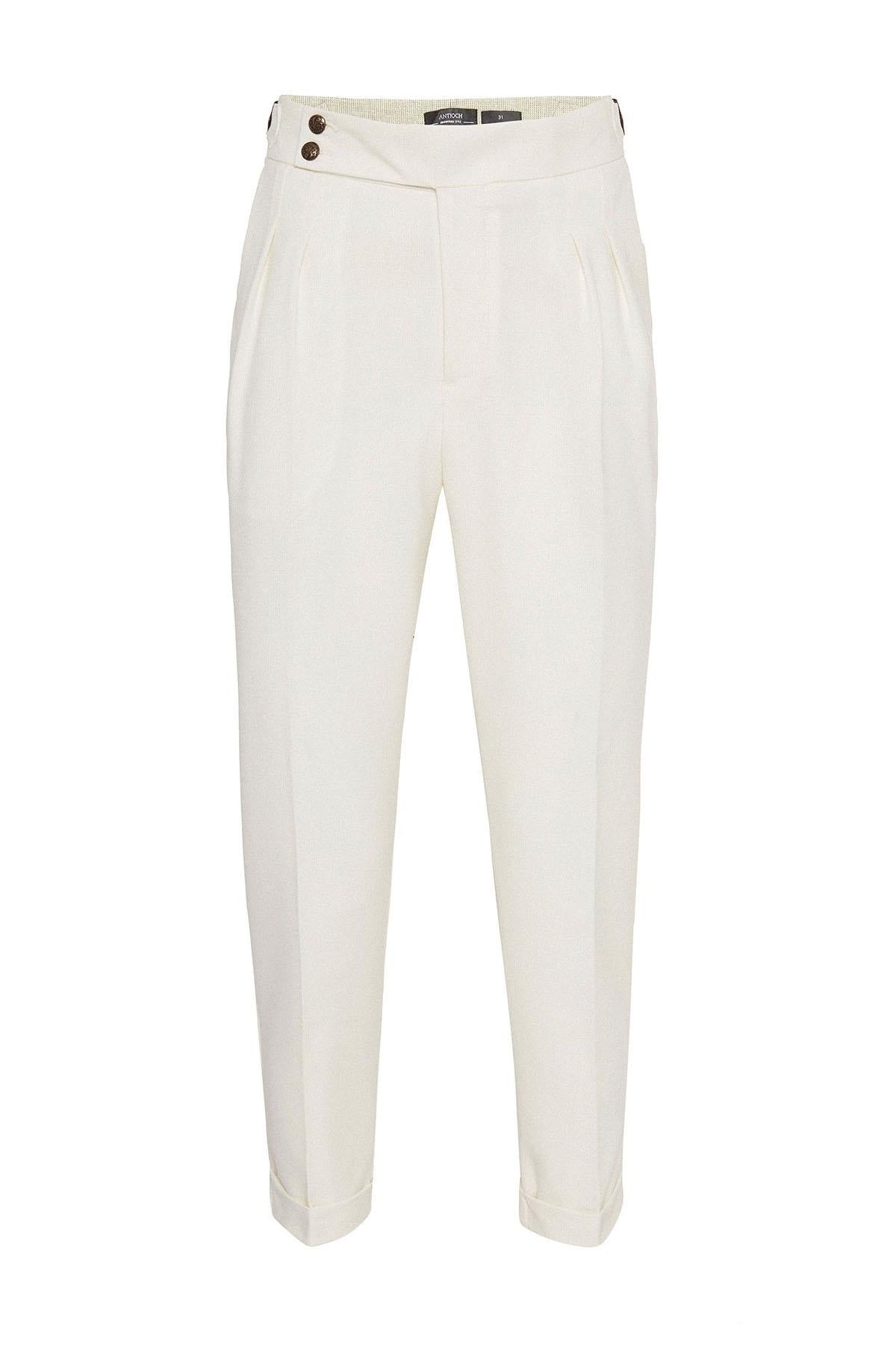 Antioch-Ekru Yüksek Bel Yandan Tokalı Pileli Kumaş Pantolon-Pantolon-6-Milagron.com