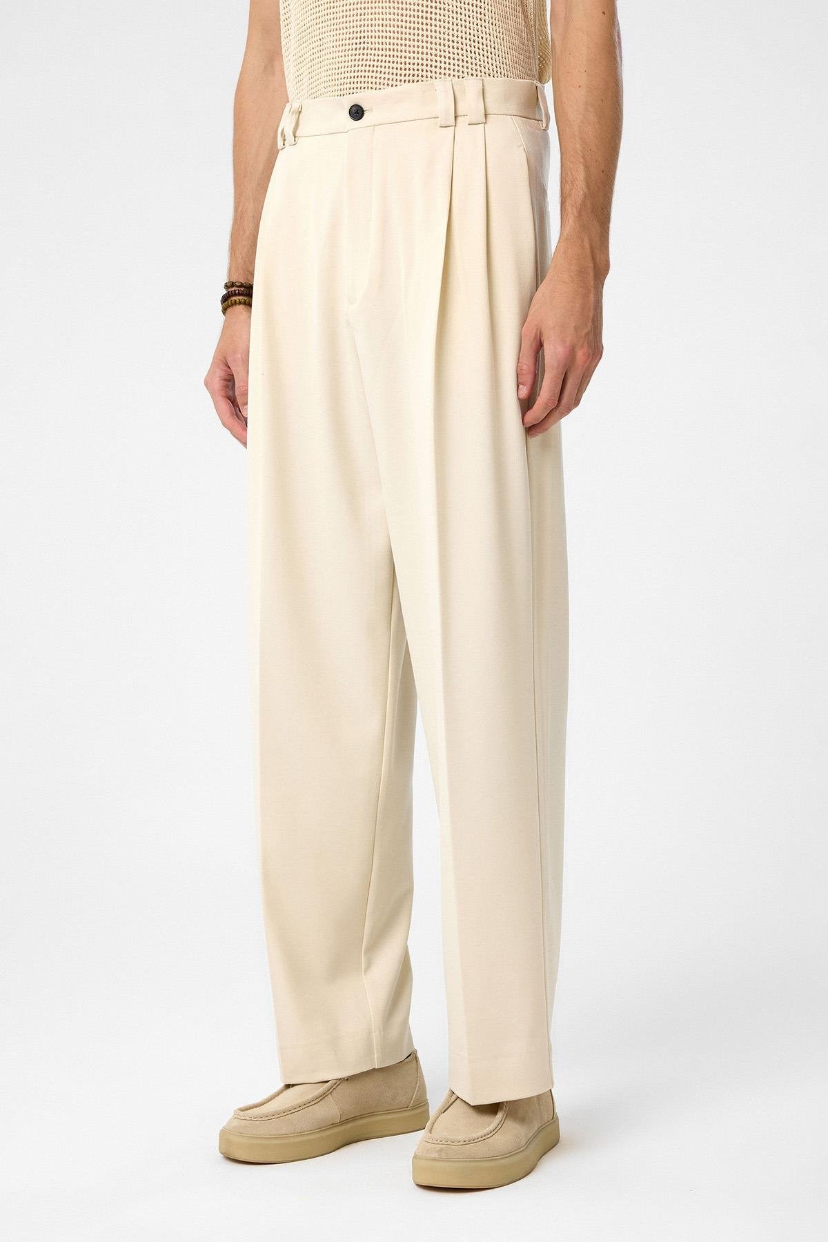 Antioch-Ekru Yüksel Bel Relax Fit Pileli Erkek Pantolon-Kumaş Pantolon-1-Milagron.com