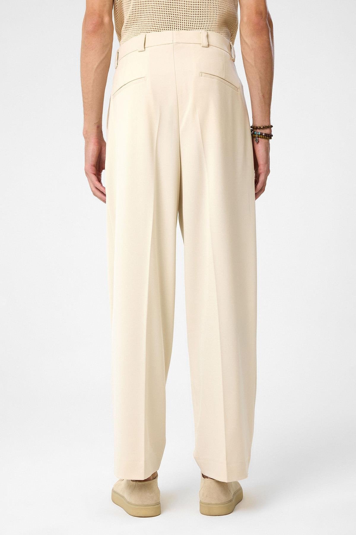 Antioch-Ekru Yüksel Bel Relax Fit Pileli Erkek Pantolon-Kumaş Pantolon-5-Milagron.com