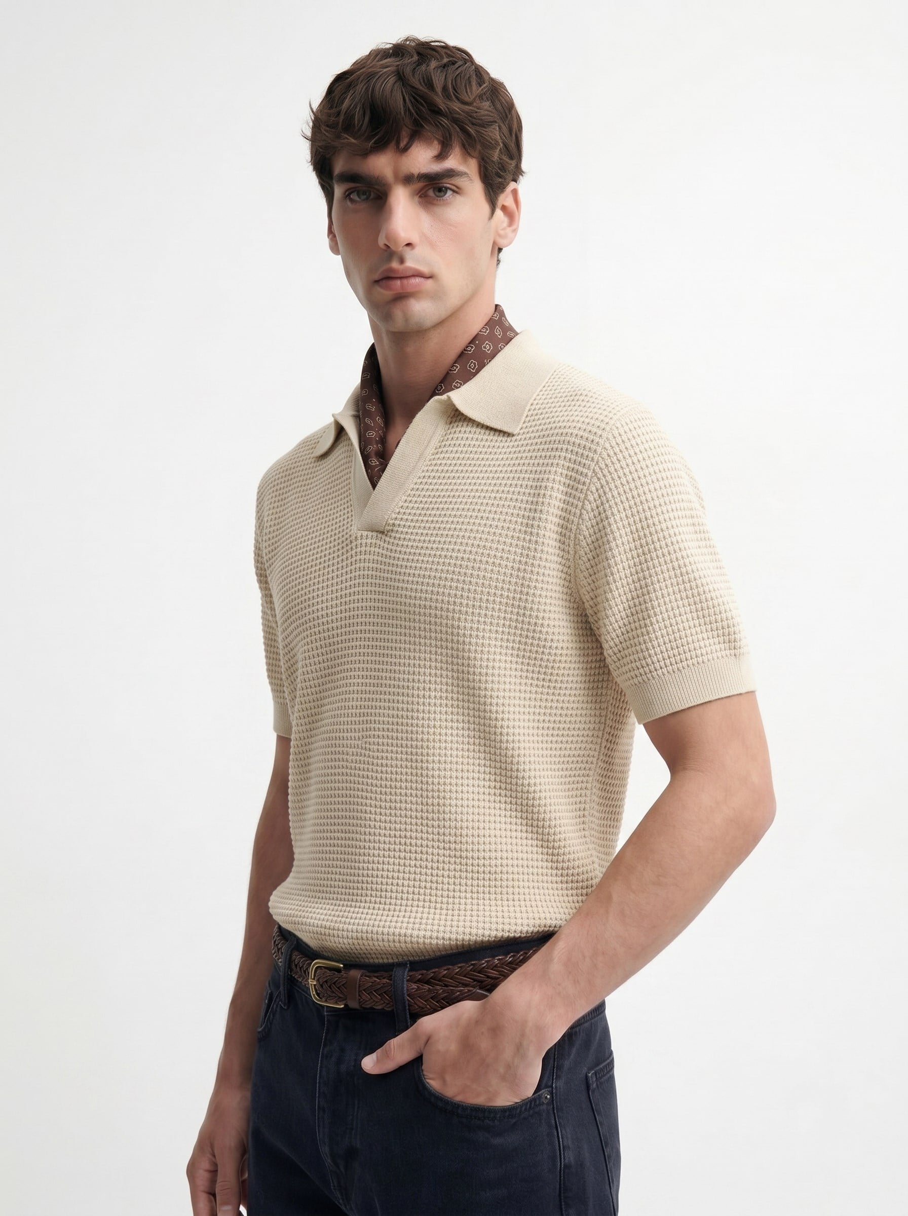 Antioch Bej Örgü Dokulu Polo Yaka Erkek T-Shirt