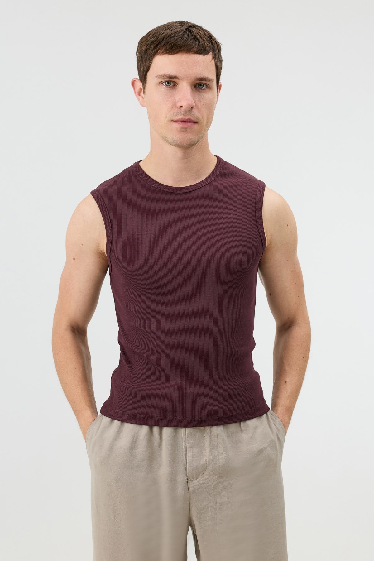 Antioch Bordo Pamuklu Kolsuz Erkek T-Shirt