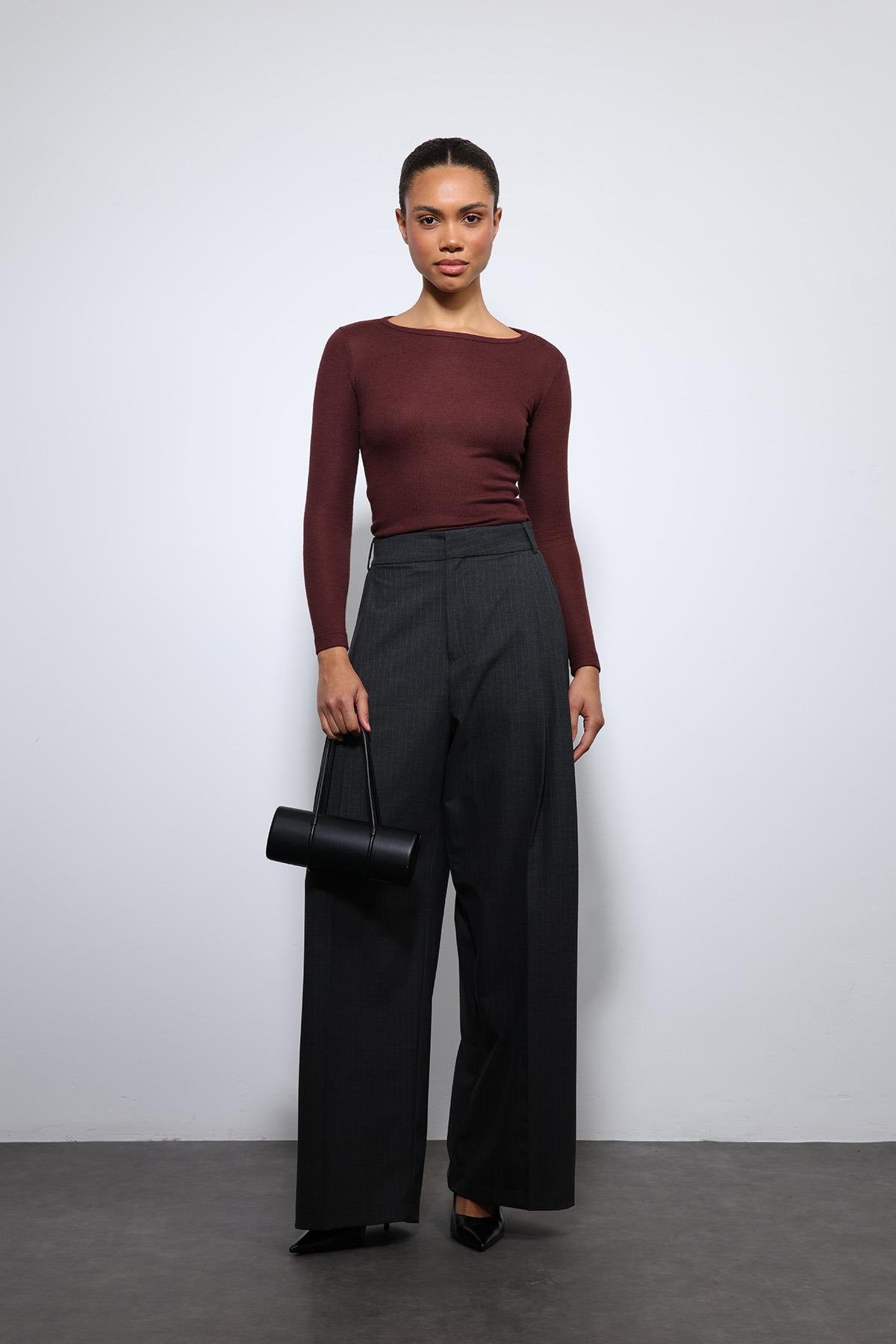 Antioch-Füme çizgili Geniş Paça Pantolon-Kumaş Pantolon-3-Milagron.com