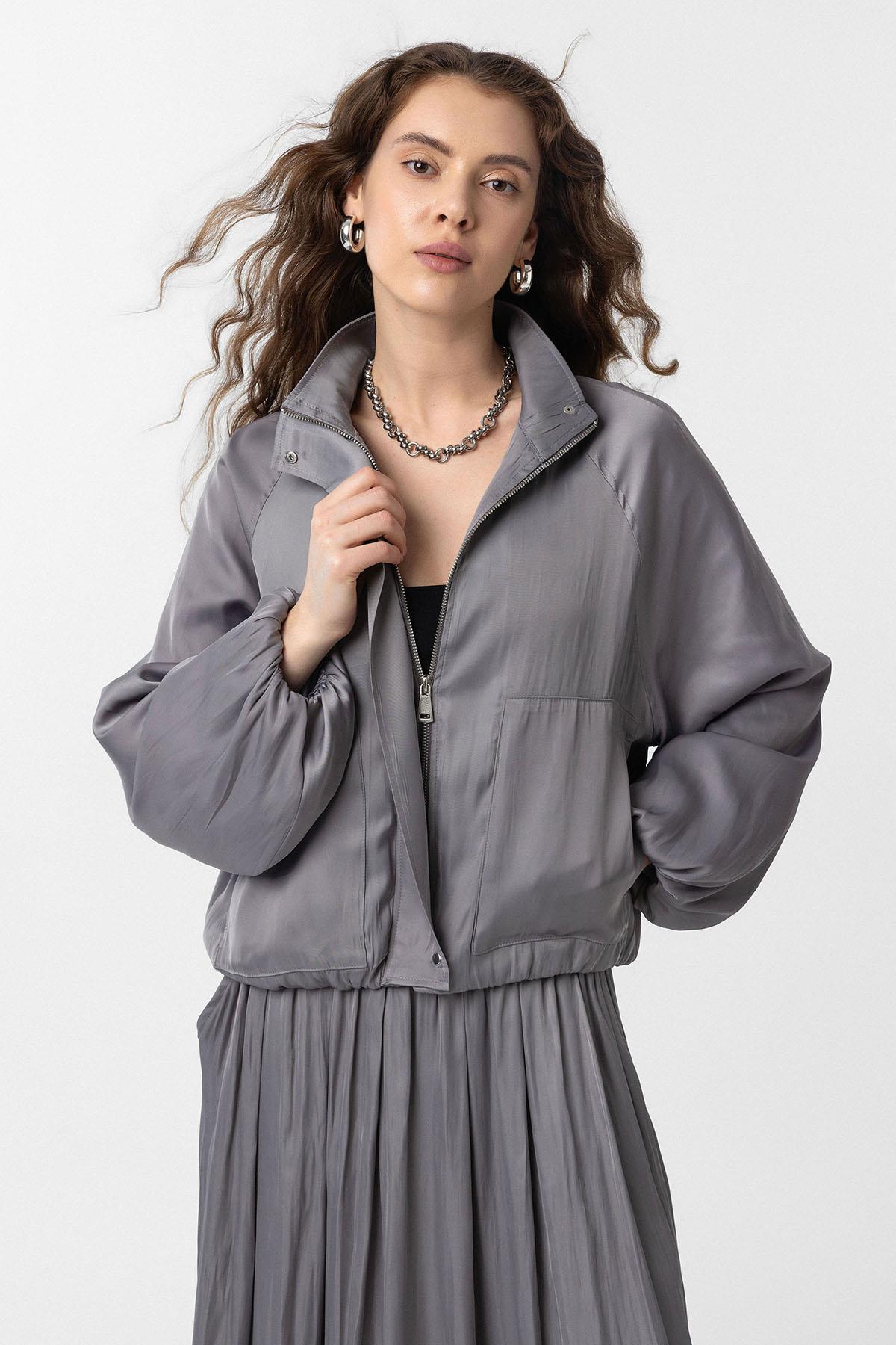 Antioch-Gri Dik Yaka İnce Kadın Bomber Ceket-Ceket-1-Milagron.com
