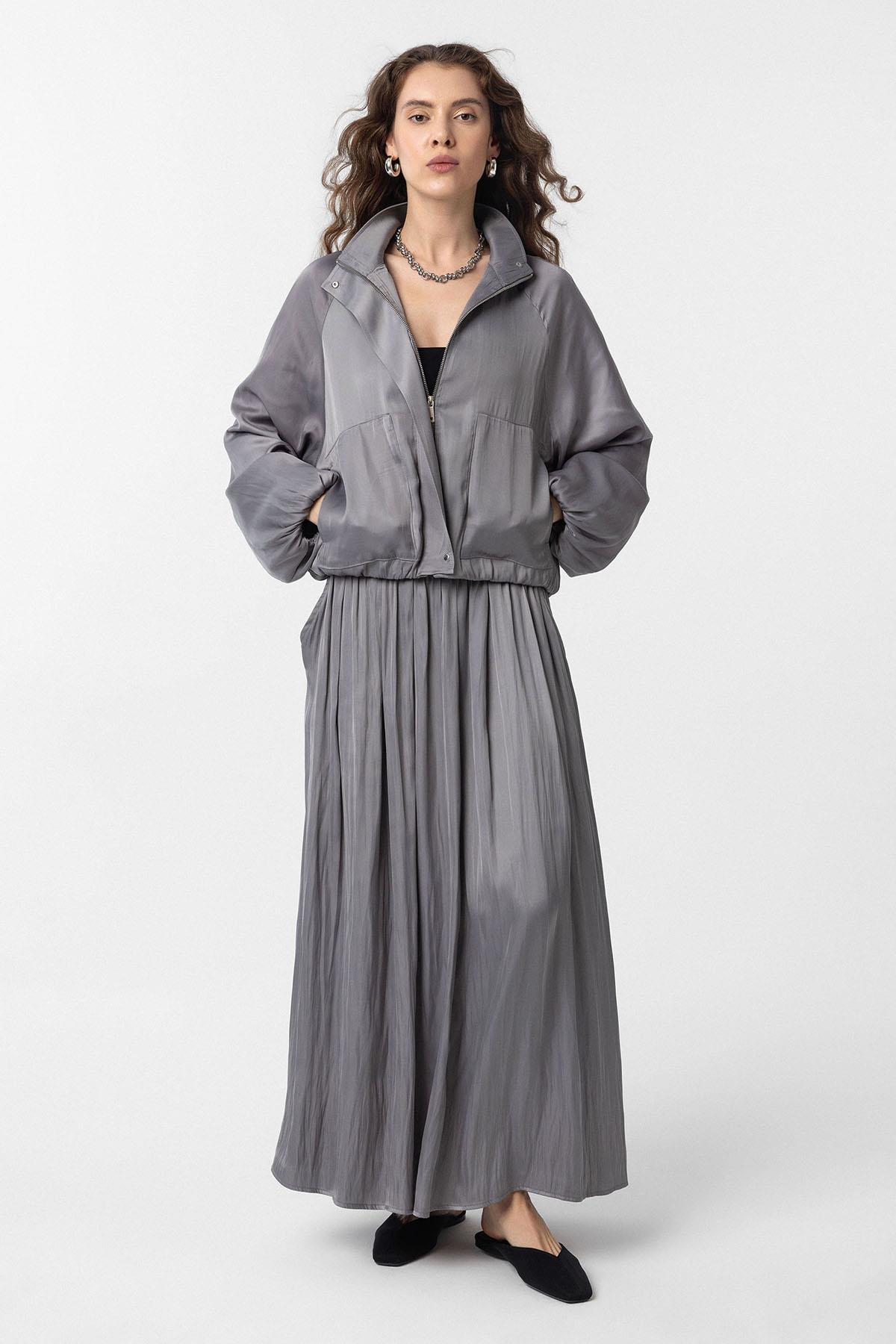 Antioch-Gri Dik Yaka İnce Kadın Bomber Ceket-Ceket-2-Milagron.com