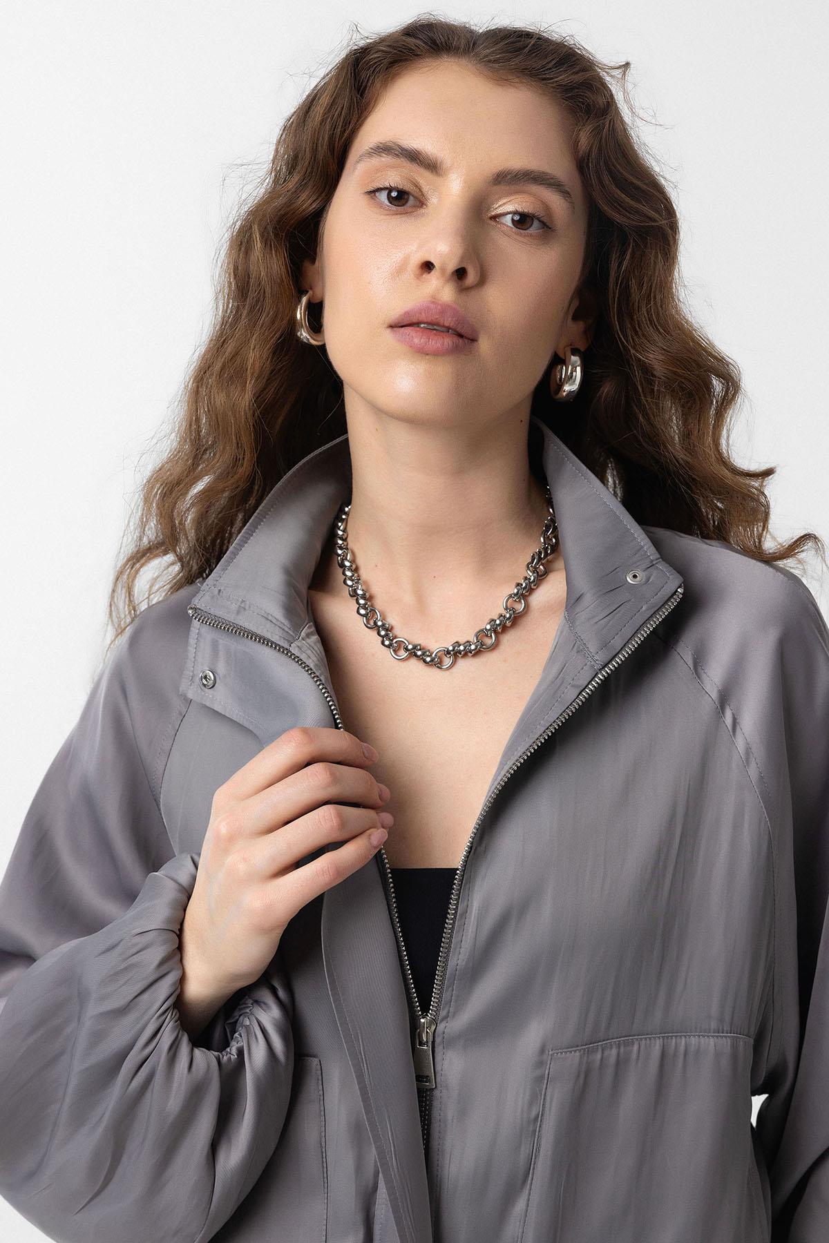 Antioch-Gri Dik Yaka İnce Kadın Bomber Ceket-Ceket-3-Milagron.com