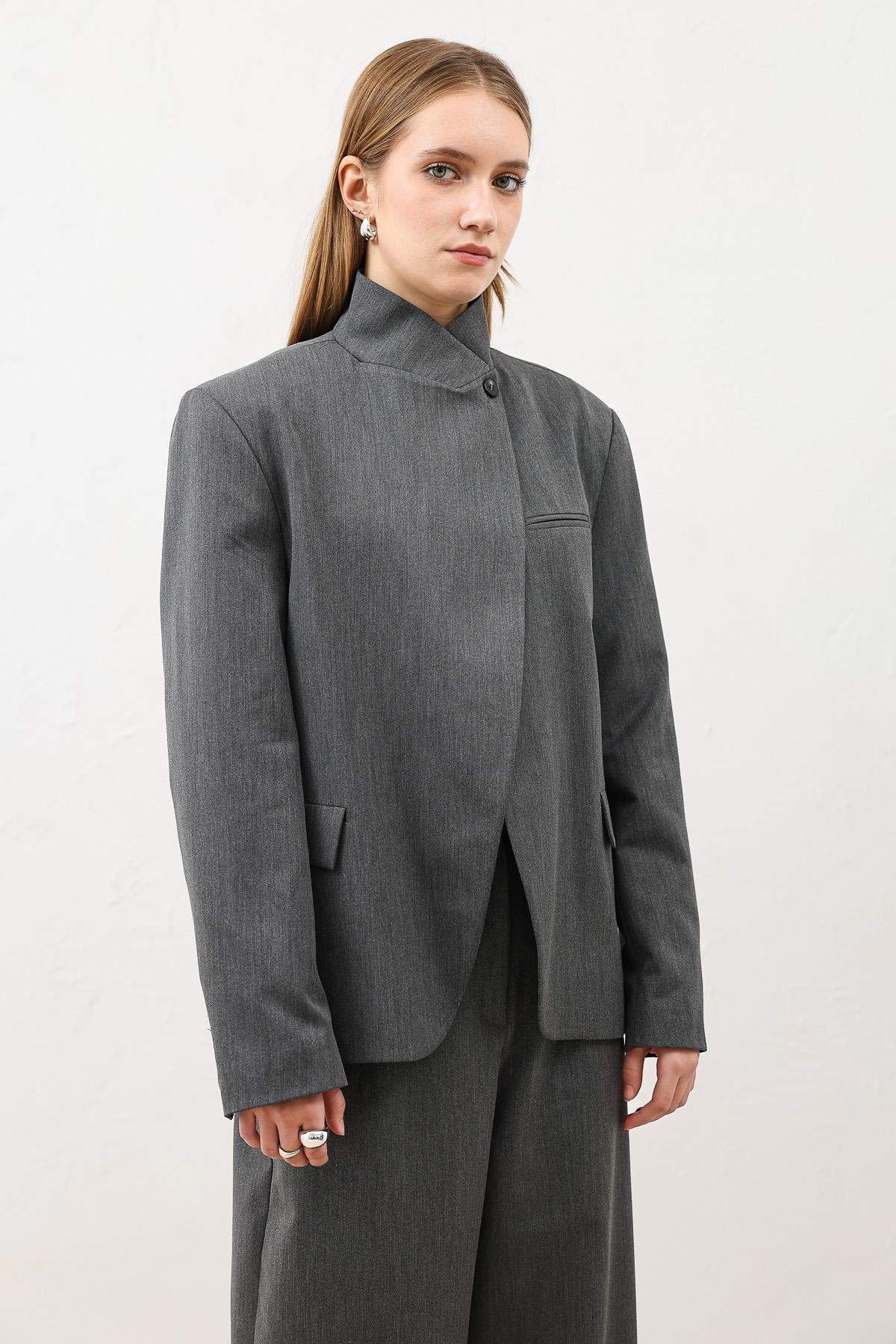 Antioch Gri Dik Yaka Kadın Blazer Ceket