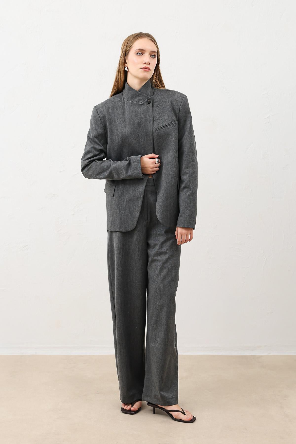 Antioch Gri Dik Yaka Kadın Blazer Ceket