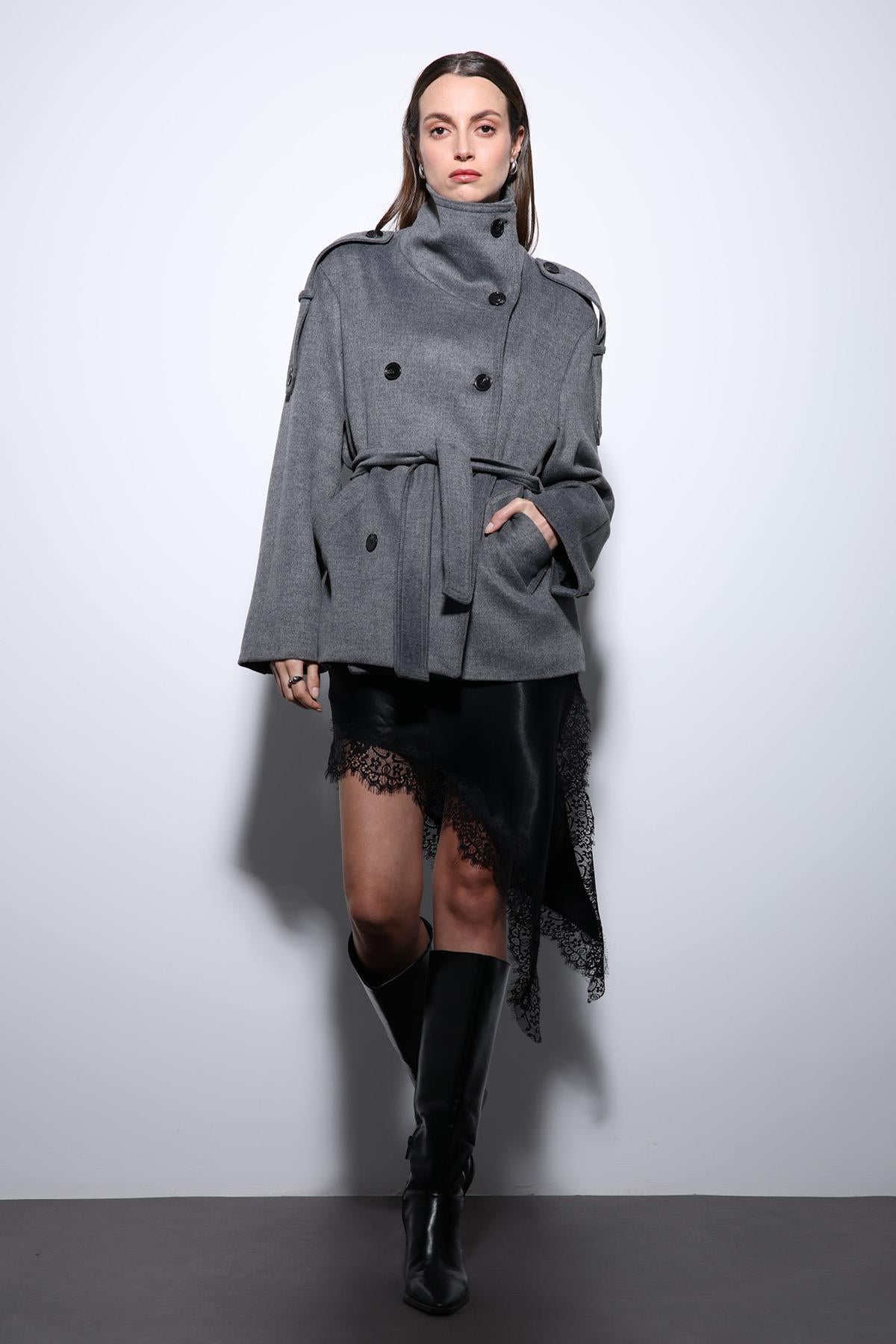 Antioch-Gri Dik Yaka Kruvaze Kadın Kaban-Kaban-6-Milagron.com