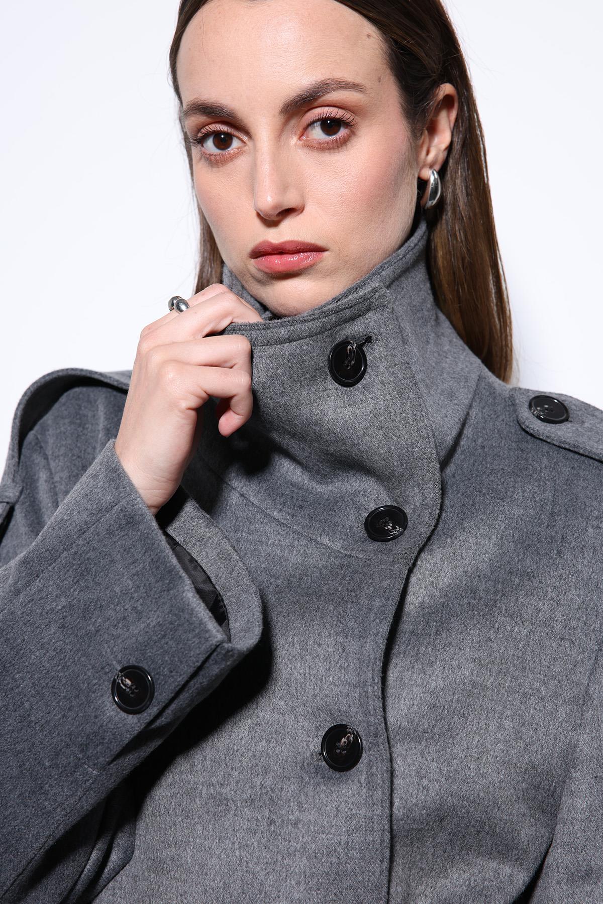 Antioch-Gri Dik Yaka Kruvaze Kadın Kaban-Kaban-8-Milagron.com