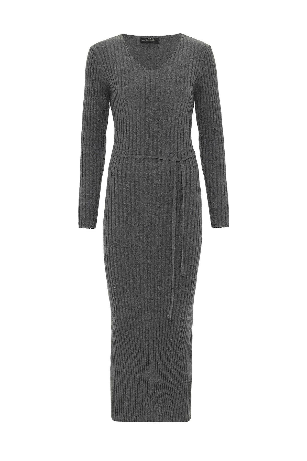 Antioch-Gri Kadın Fitilli Midi Triko Elbise-Elbise-7-Milagron.com