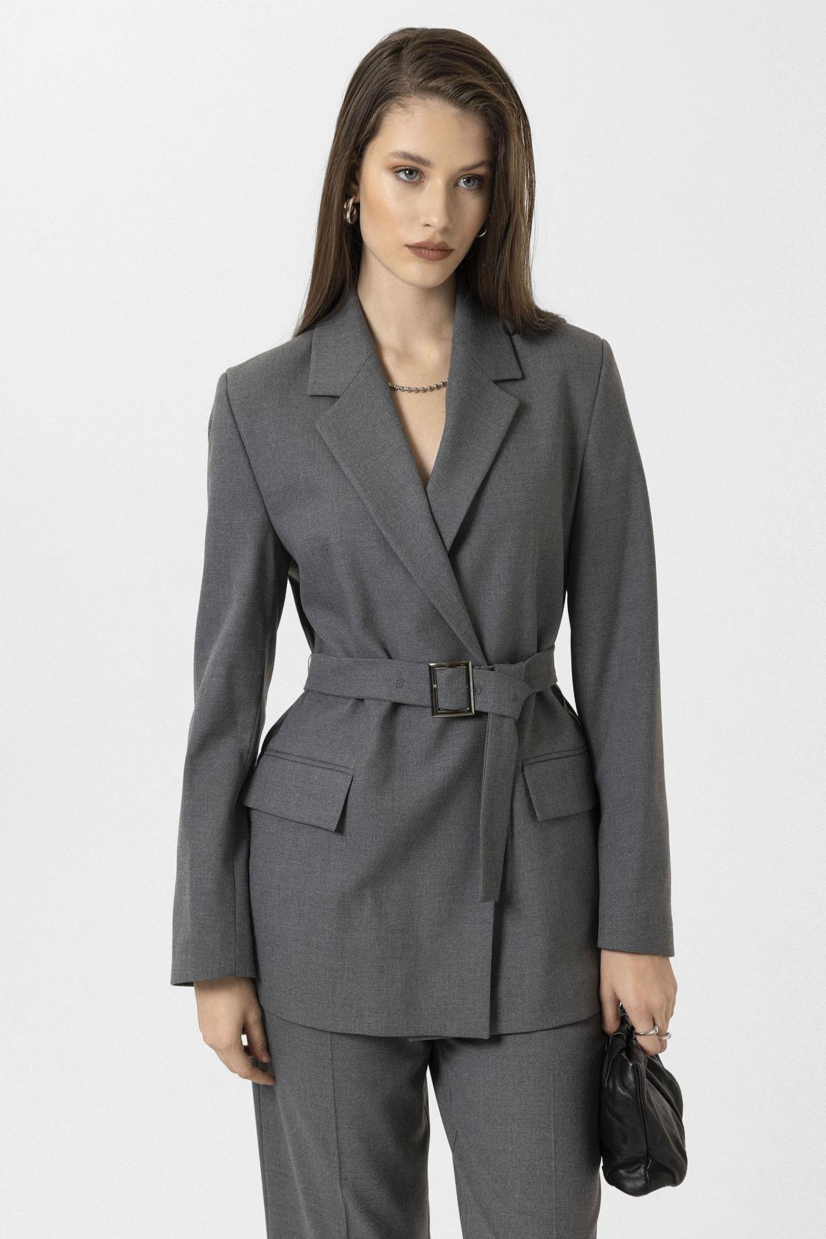 Antioch-Gri Kadın Kemerli Blazer Ceket-Ceket-1-Milagron.com