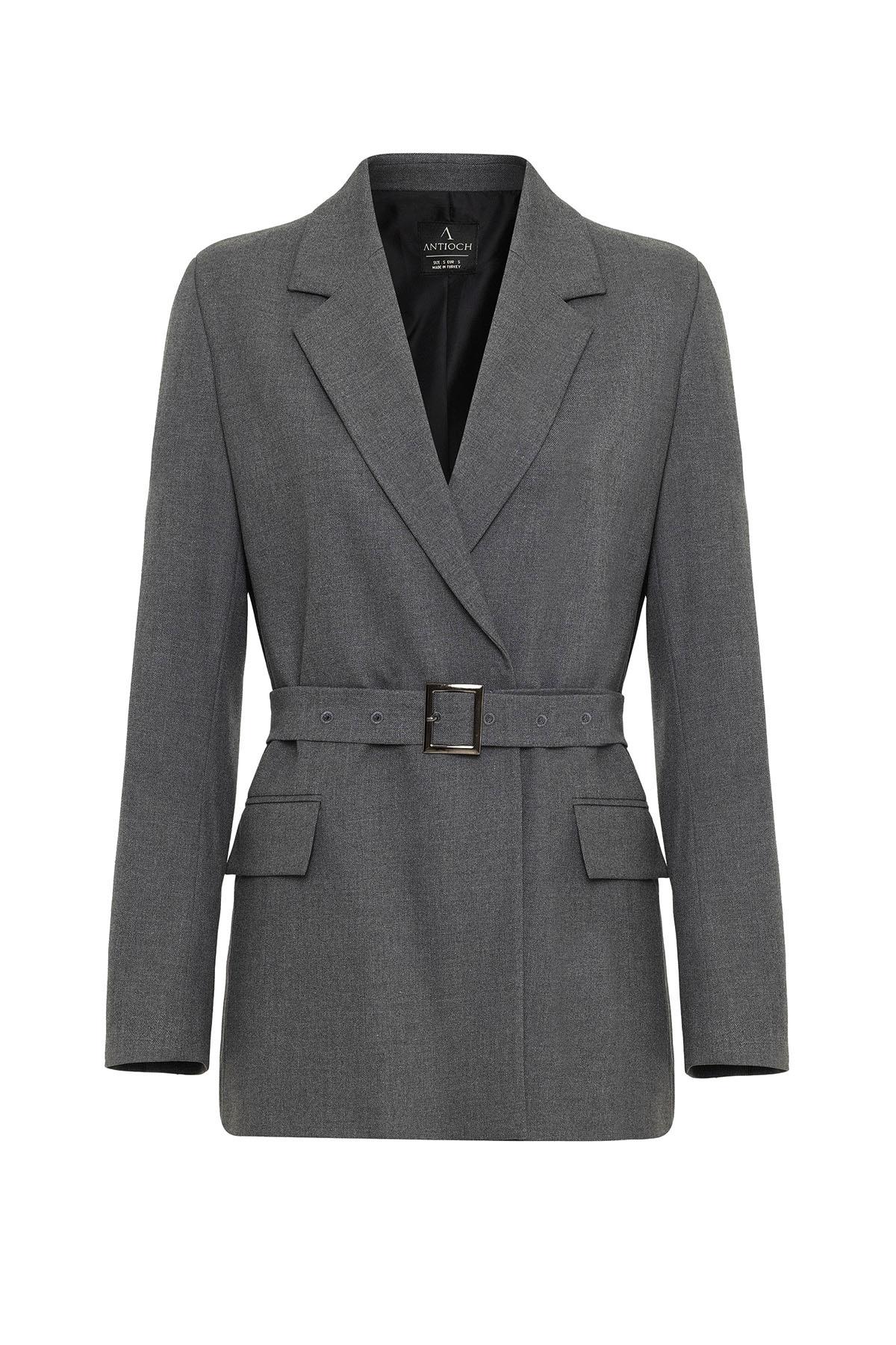 Antioch-Gri Kadın Kemerli Blazer Ceket-Ceket-6-Milagron.com