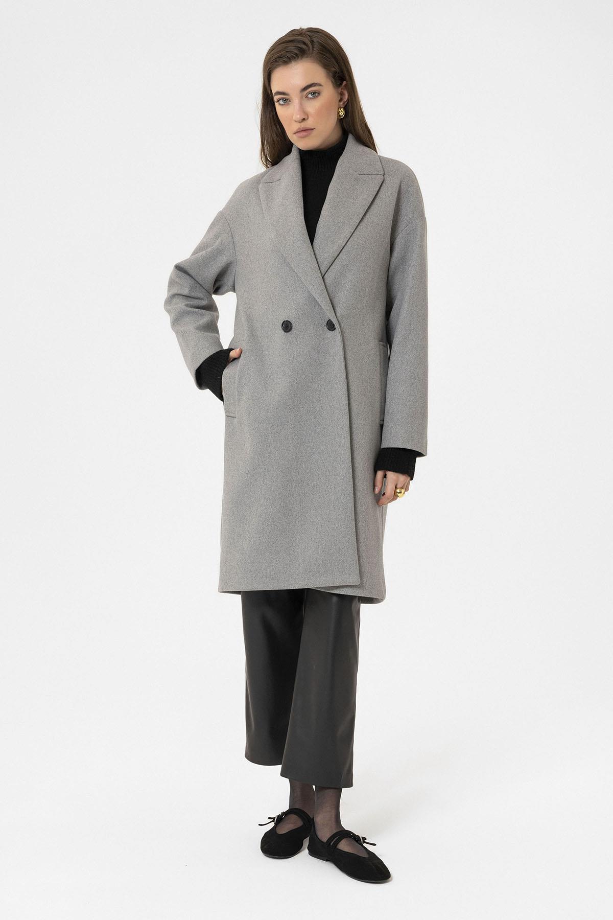 Antioch-Gri Kadın Kruvaze Kapama Oversize Kaban-Kaban-1-Milagron.com