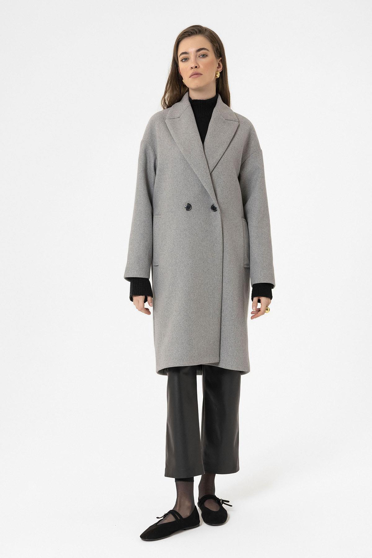 Antioch-Gri Kadın Kruvaze Kapama Oversize Kaban-Kaban-3-Milagron.com