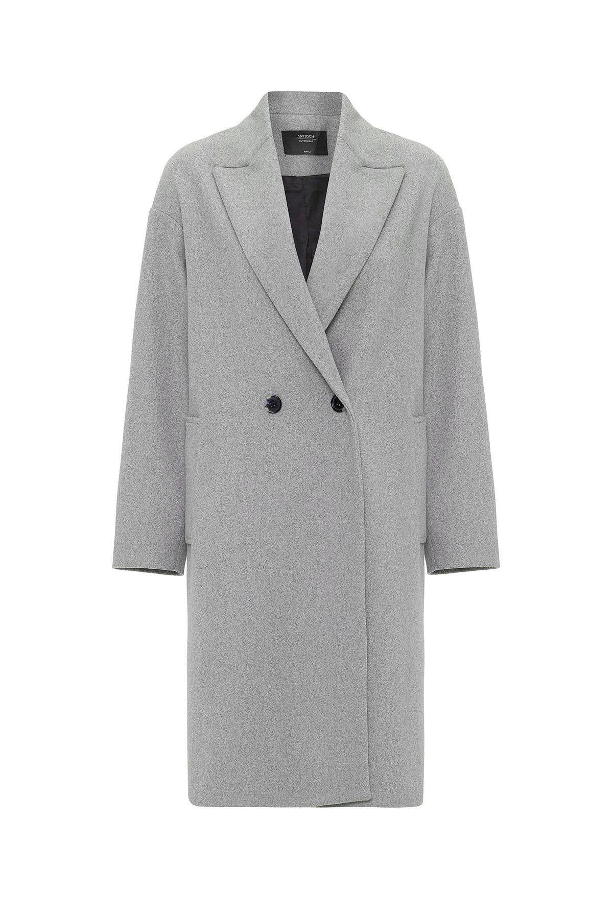 Antioch-Gri Kadın Kruvaze Kapama Oversize Kaban-Kaban-6-Milagron.com