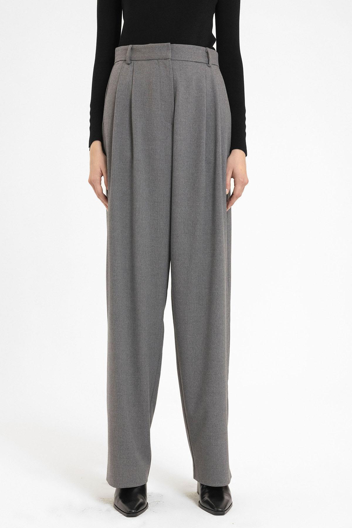 Antioch-Gri Kadın Yüksek Bel Pens Detaylı Straight Fit Pantolon-Kumaş Pantolon-1-Milagron.com