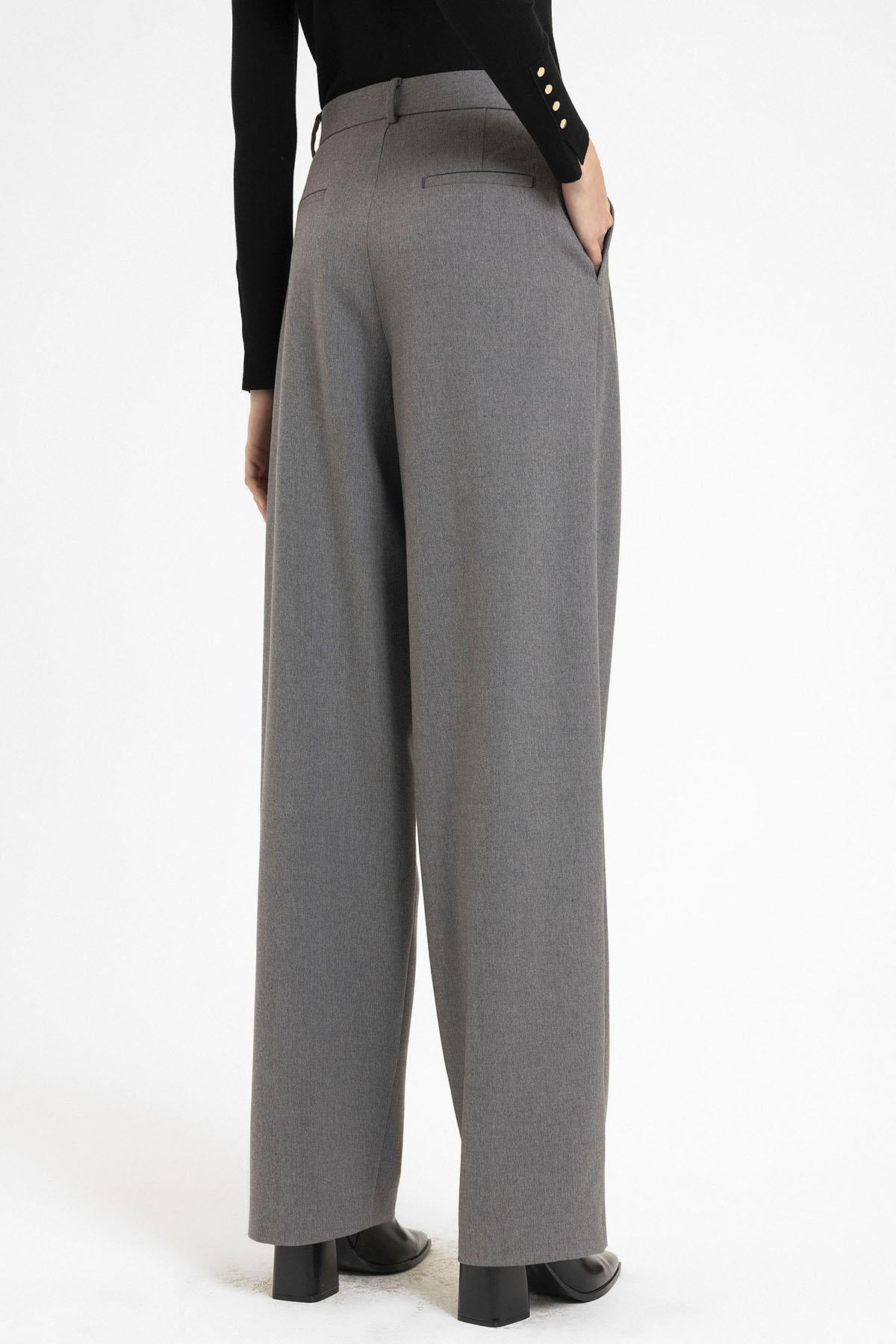 Antioch-Gri Kadın Yüksek Bel Pens Detaylı Straight Fit Pantolon-Kumaş Pantolon-6-Milagron.com