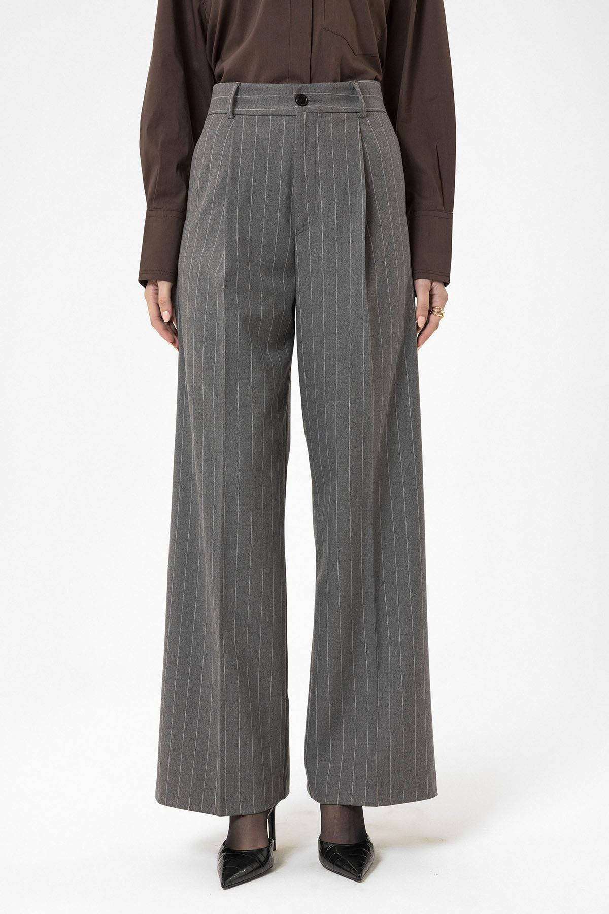 Antioch-Gri Kadın Yüksek Bel Pileli Çizgili Pantolon-Kumaş Pantolon-1-Milagron.com