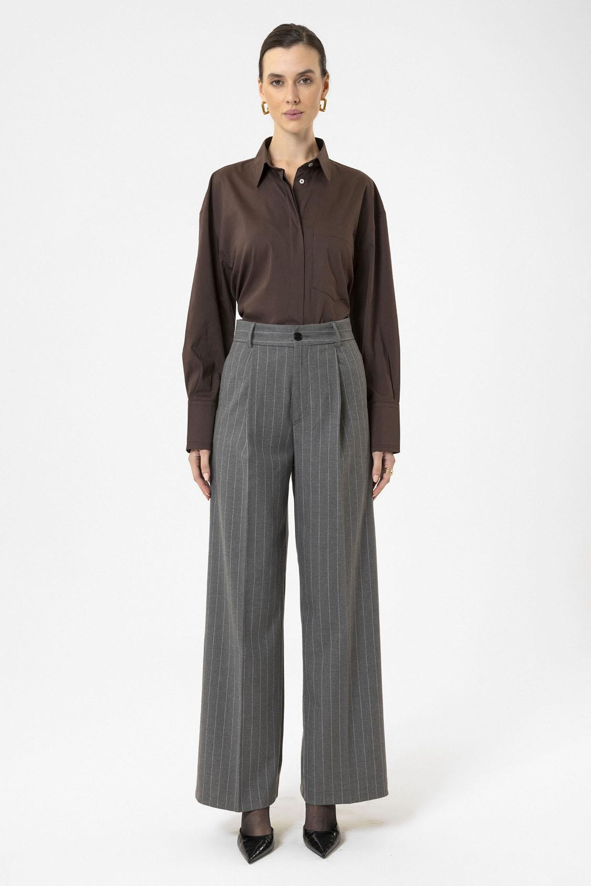 Antioch-Gri Kadın Yüksek Bel Pileli Çizgili Pantolon-Kumaş Pantolon-2-Milagron.com