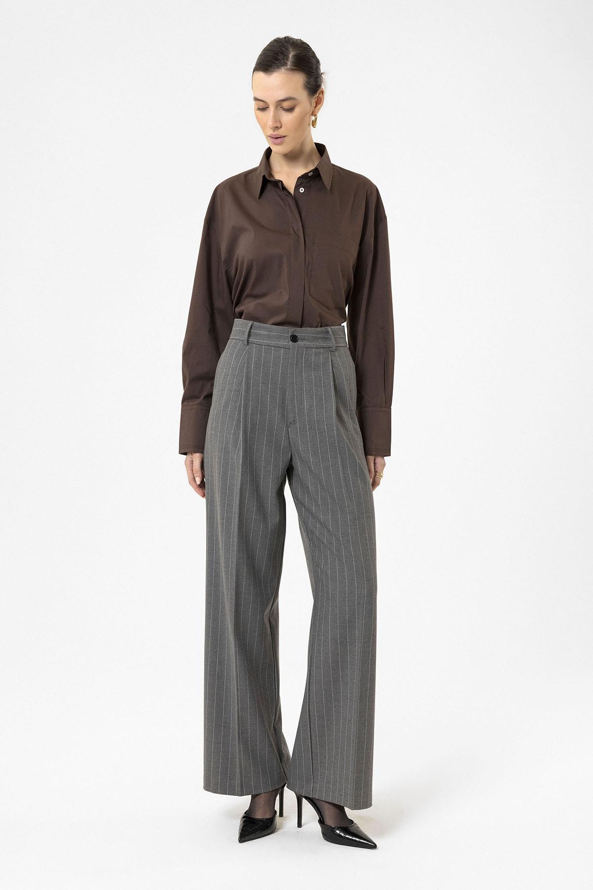 Antioch-Gri Kadın Yüksek Bel Pileli Çizgili Pantolon-Kumaş Pantolon-3-Milagron.com