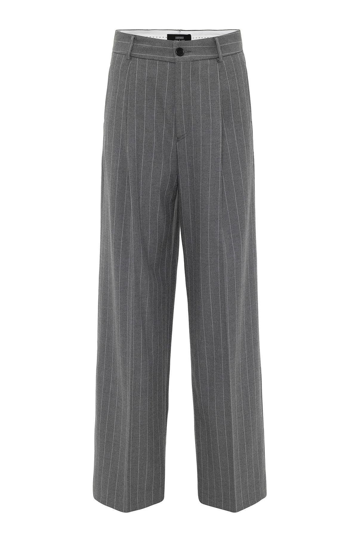 Antioch-Gri Kadın Yüksek Bel Pileli Çizgili Pantolon-Kumaş Pantolon-7-Milagron.com