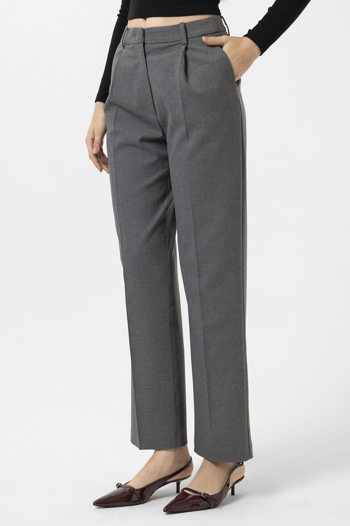 Antioch-Gri Kadın Yüksek Bel Pileli Pantolon-Kumaş Pantolon-3-Milagron.com