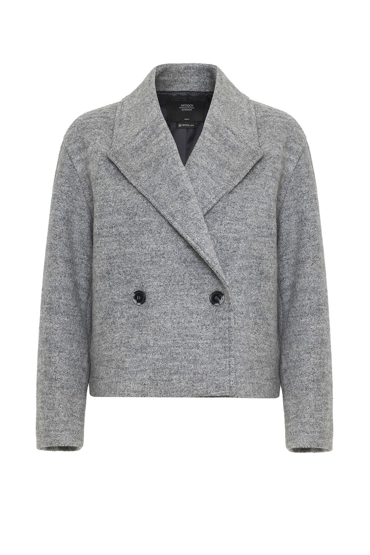 Antioch-Gri Kadın Yün Karışımlı Kruvaze Kapama Mont-Mont-5-Milagron.com