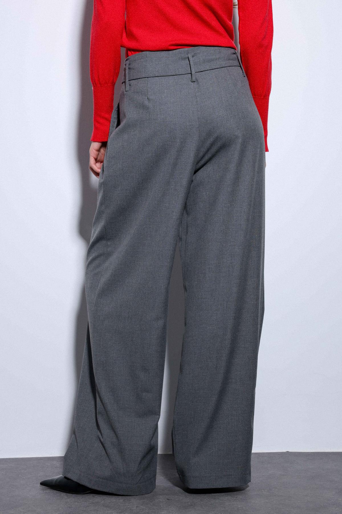 Antioch-Antioch Gri Kemerli Pileli Geniş Kadın Pantolon-Kumaş Pantolon-5-Milagron.com