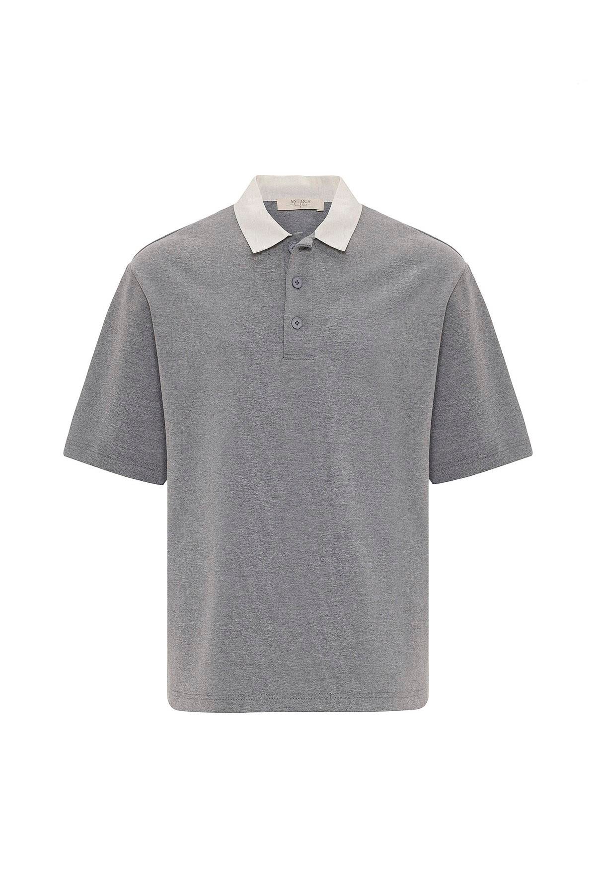 Antioch-Gri Kontrast Yaka İnterlok Dokulu Erkek T Shirt-T-Shirts-6-Milagron.com