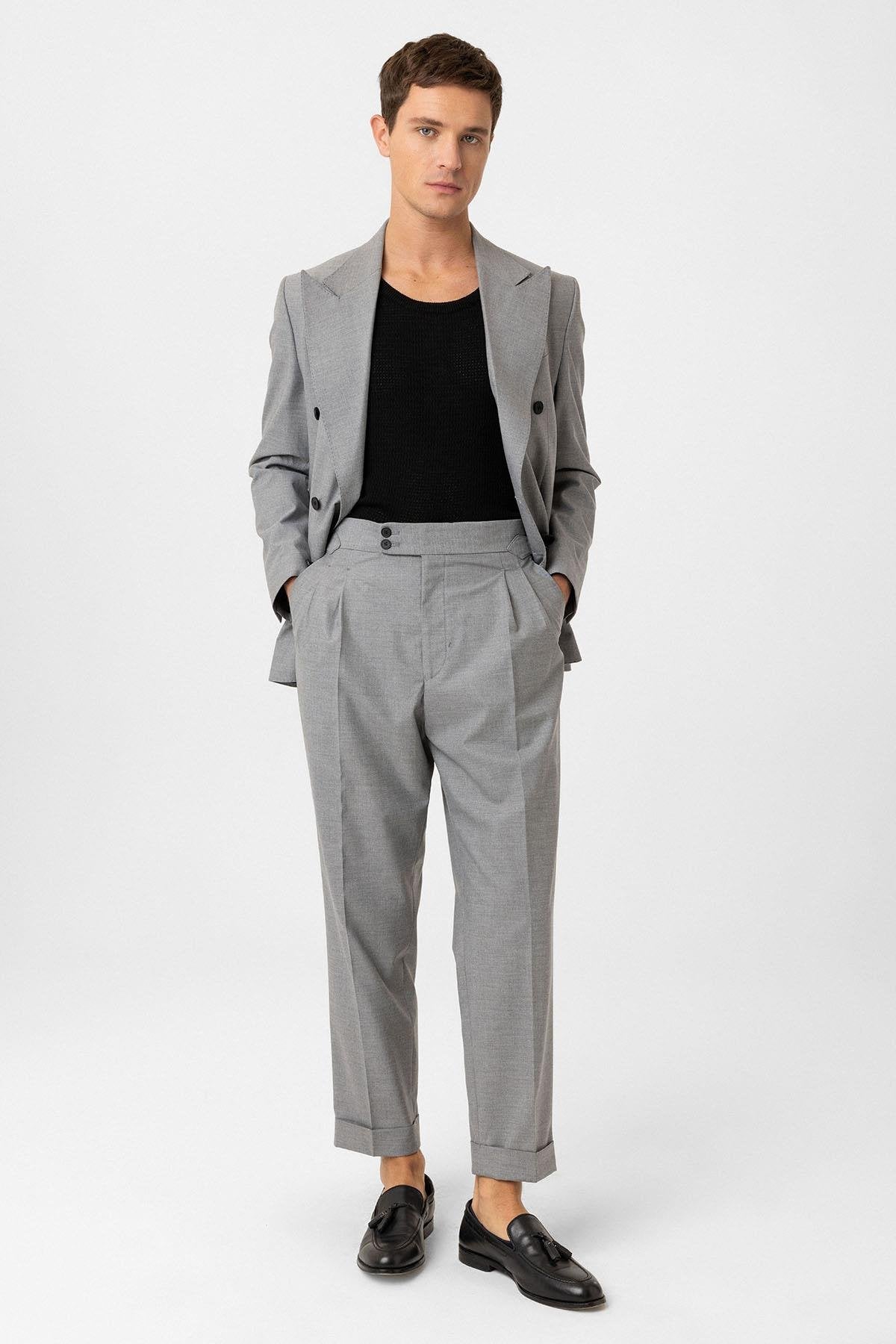 Antioch-Gri Kruvaze Kapama İtalyan Kesim Erkek Takım-Takım Elbise-2-Milagron.com