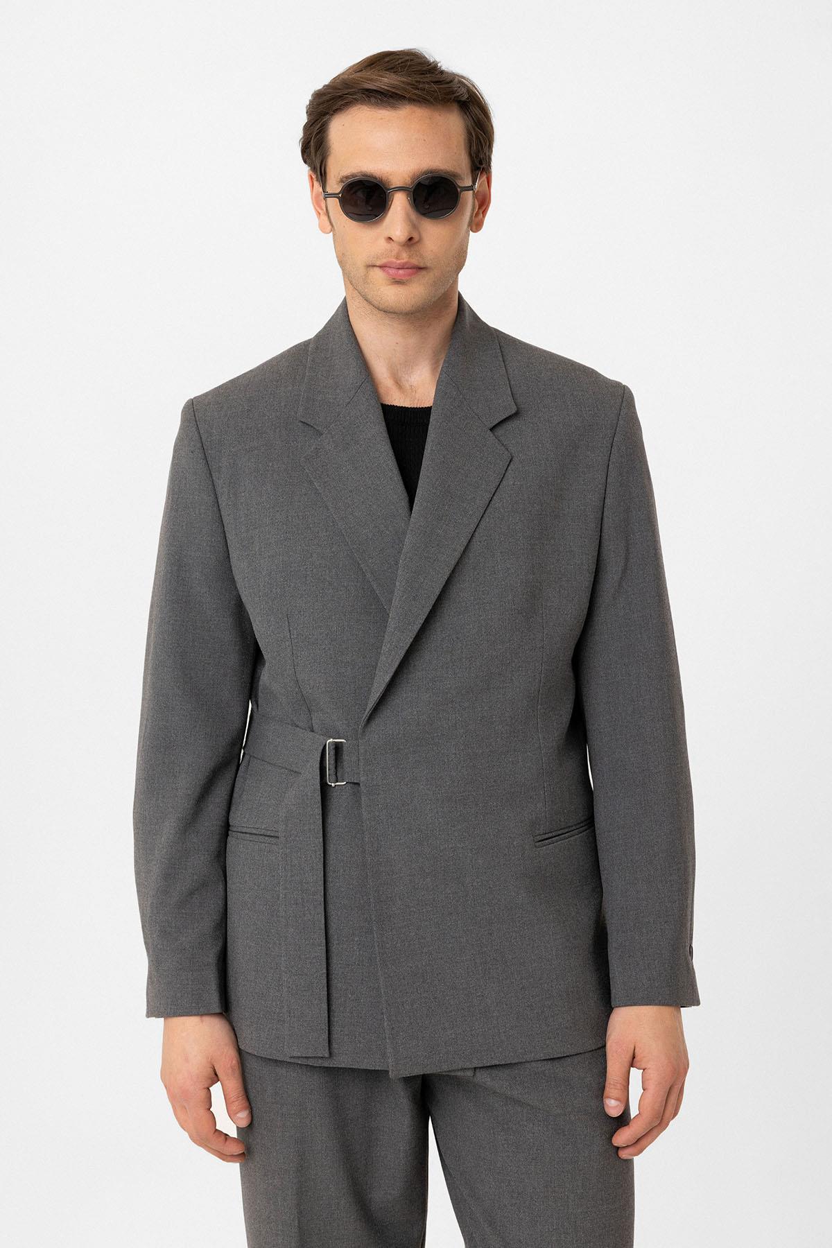 Antioch-Gri Kuşaklı Relax Fit Erkek Blazer Ceket-Blazer Ceket-3-Milagron.com