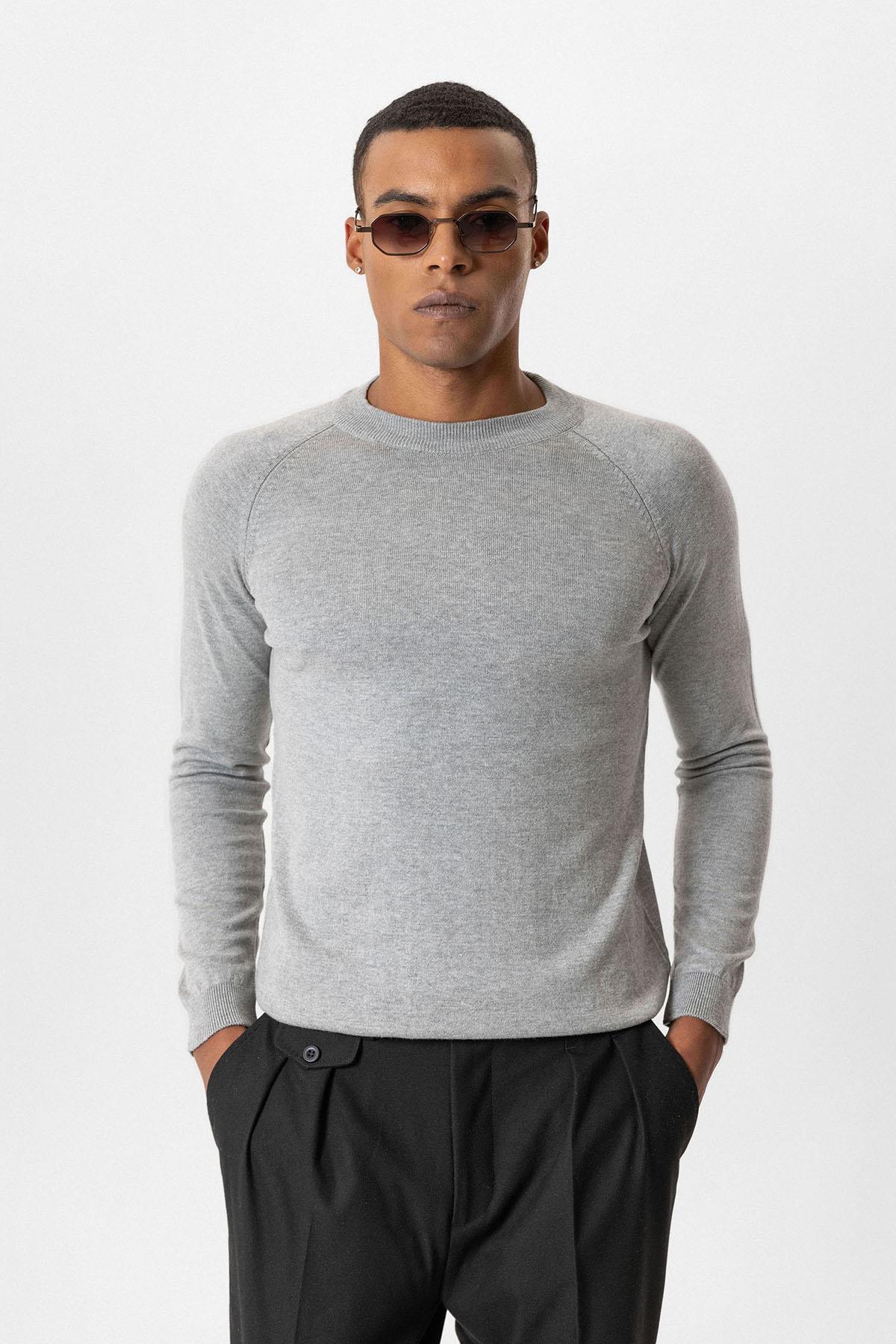 Antioch-Gri Melanj Bisiklet Yaka Slim Fit Triko Kazak-Kazak & Triko-1-Milagron.com