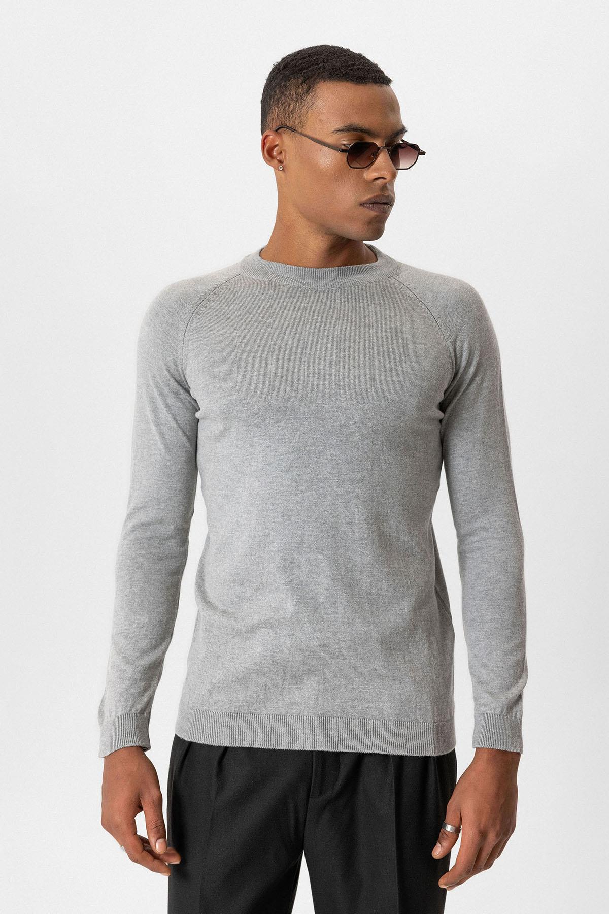 Antioch-Gri Melanj Bisiklet Yaka Slim Fit Triko Kazak-Kazak & Triko-2-Milagron.com