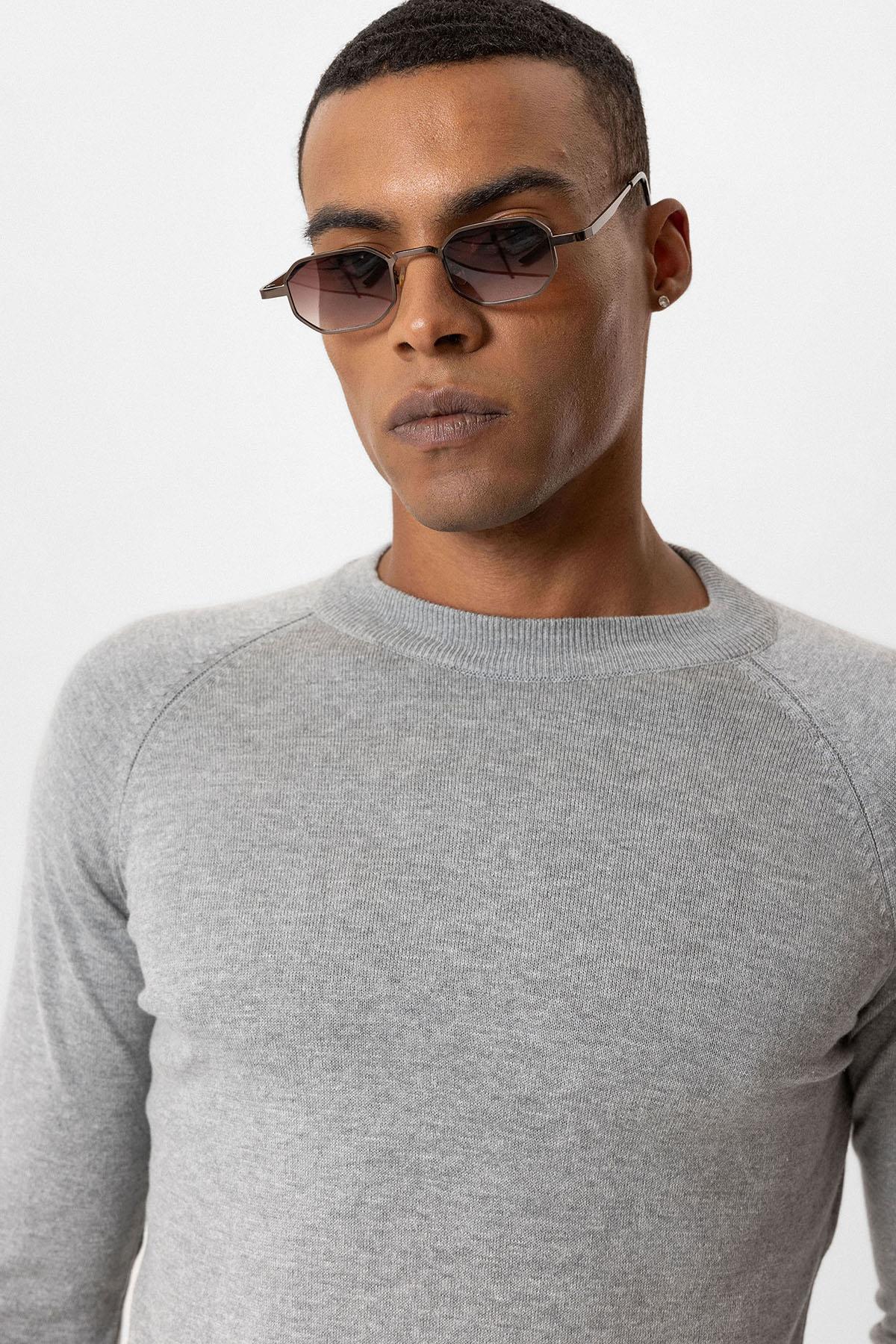 Antioch-Gri Melanj Bisiklet Yaka Slim Fit Triko Kazak-Kazak & Triko-4-Milagron.com