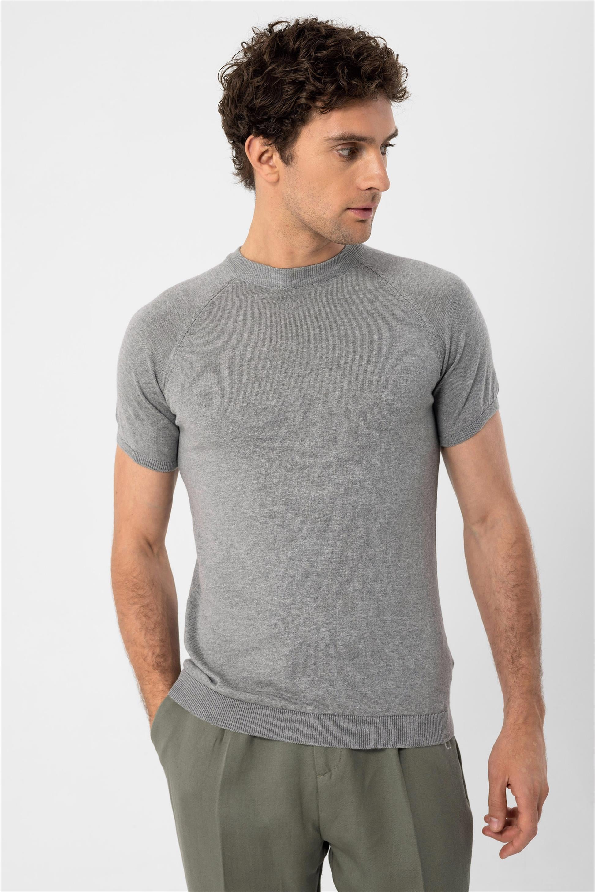 Antioch-Gri Melanj Bisiklet Yaka Triko T Shirt-Kazak & Triko-5-Milagron.com