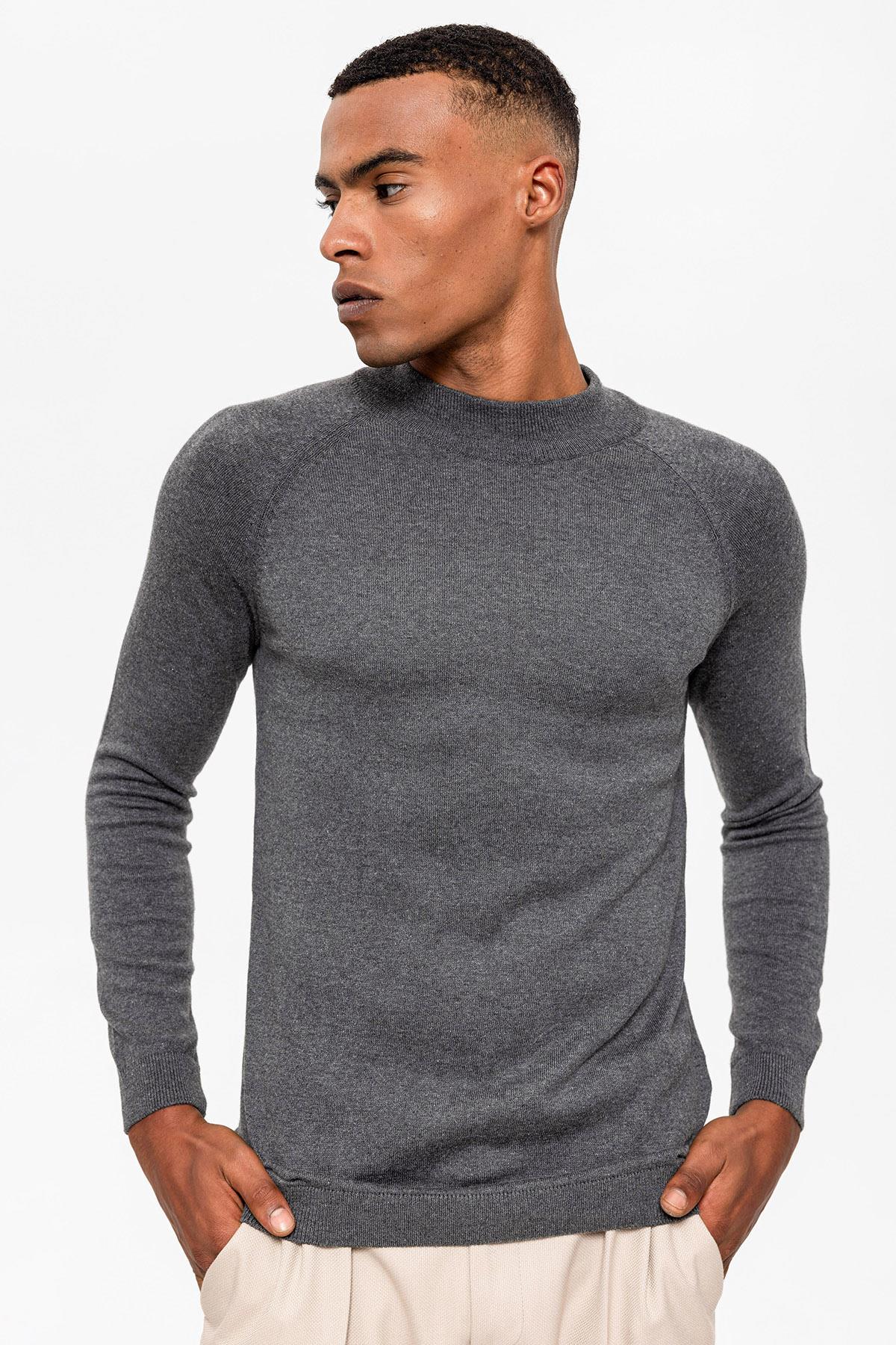 Antioch-Gri Melanj Yarım Boğazlı Erkek Triko-Kazak & Triko-8-Milagron.com