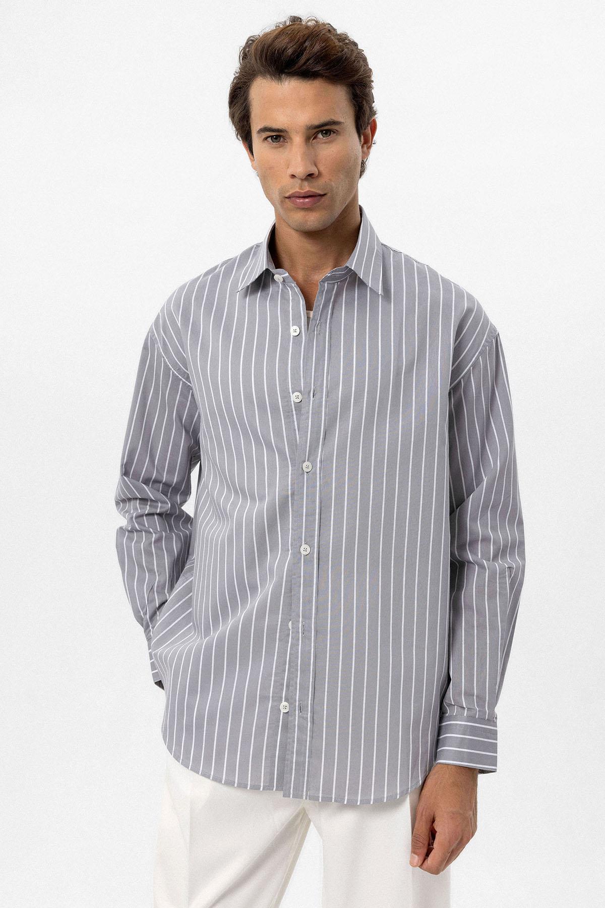 Antioch-Gri Oversize Çizgili Erkek Gömlek-Gömlek-1-Milagron.com