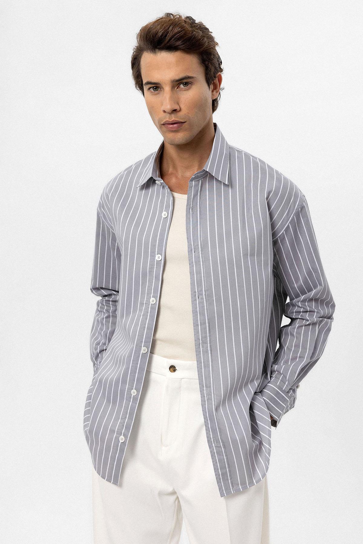 Antioch-Gri Oversize Çizgili Erkek Gömlek-Gömlek-2-Milagron.com