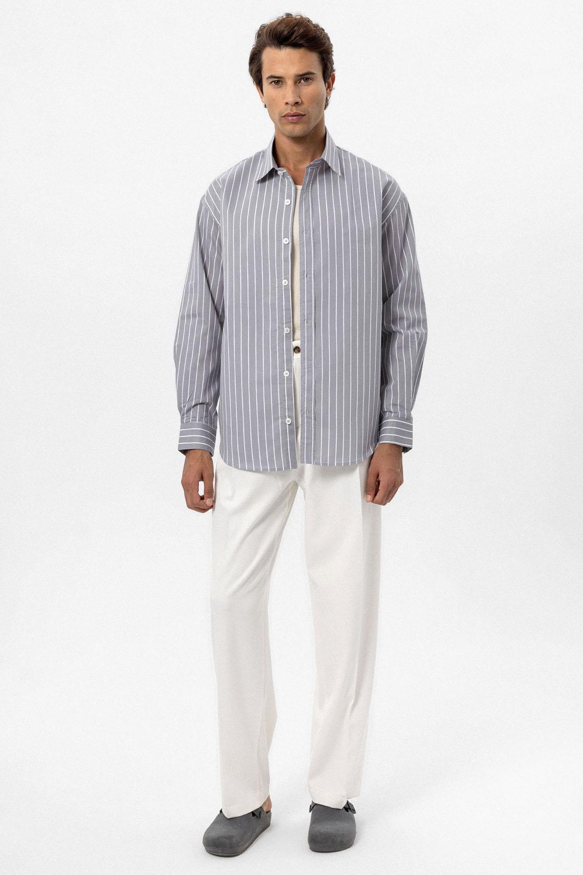 Antioch-Gri Oversize Çizgili Erkek Gömlek-Gömlek-3-Milagron.com