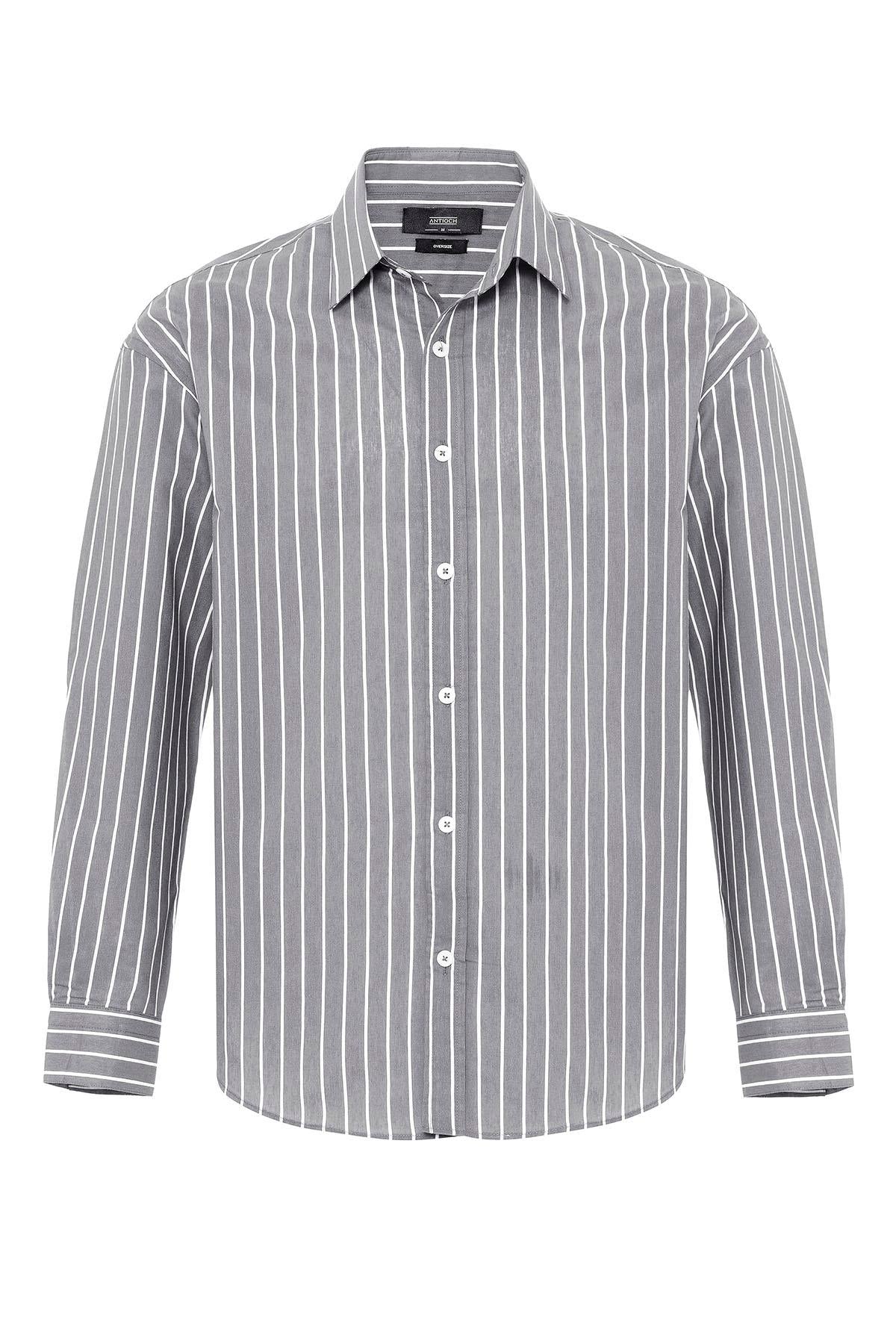 Antioch-Gri Oversize Çizgili Erkek Gömlek-Gömlek-6-Milagron.com