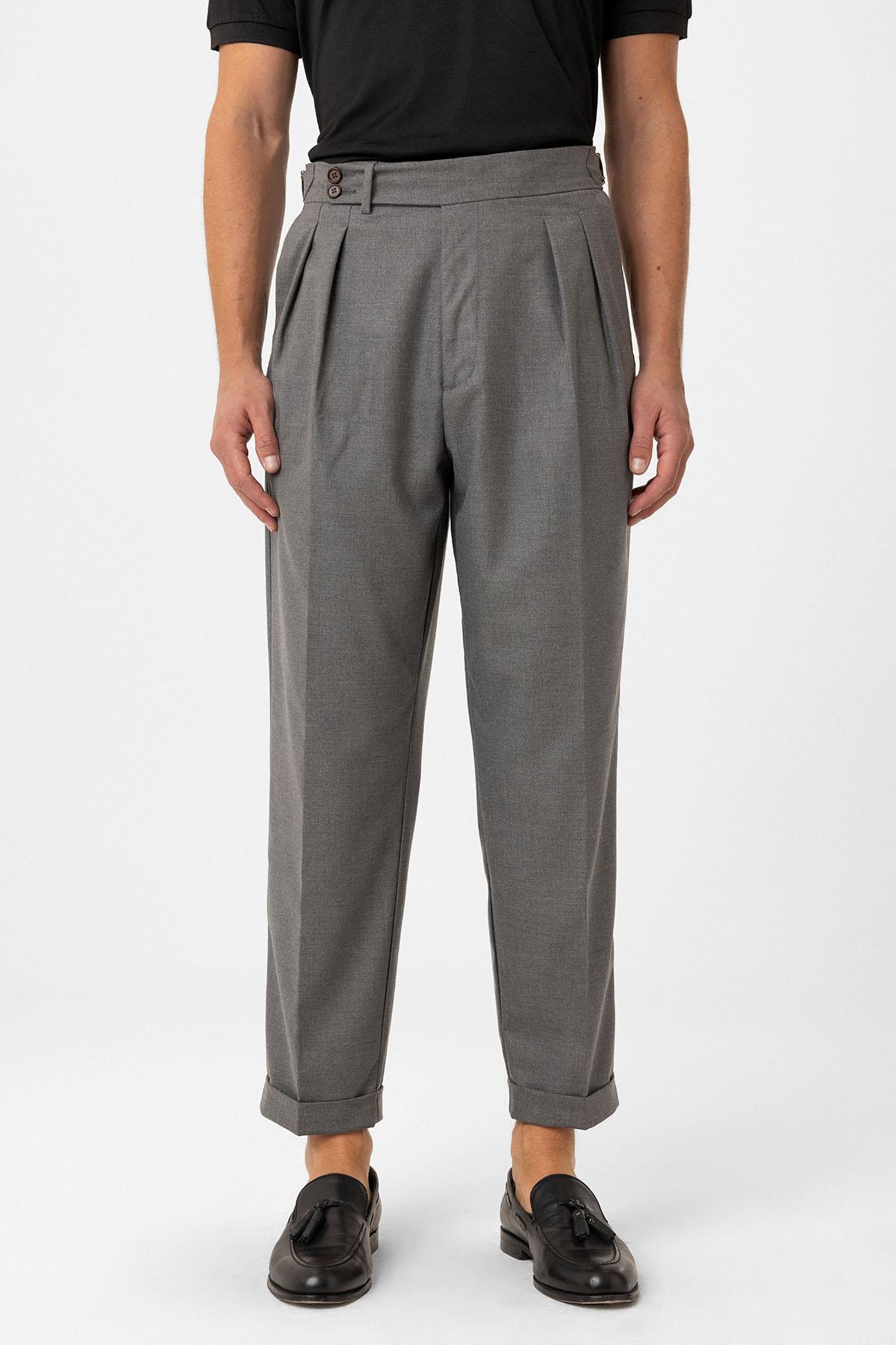 Antioch-Gri Pileli Yüksek Bel Erkek Pantolon-Kumaş Pantolon-1-Milagron.com