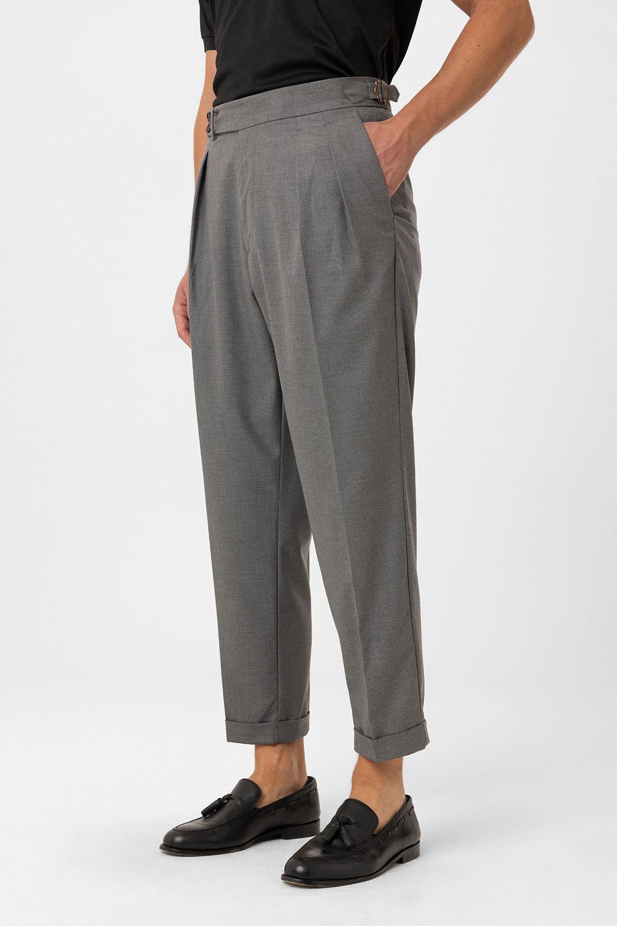 Antioch-Gri Pileli Yüksek Bel Erkek Pantolon-Kumaş Pantolon-3-Milagron.com