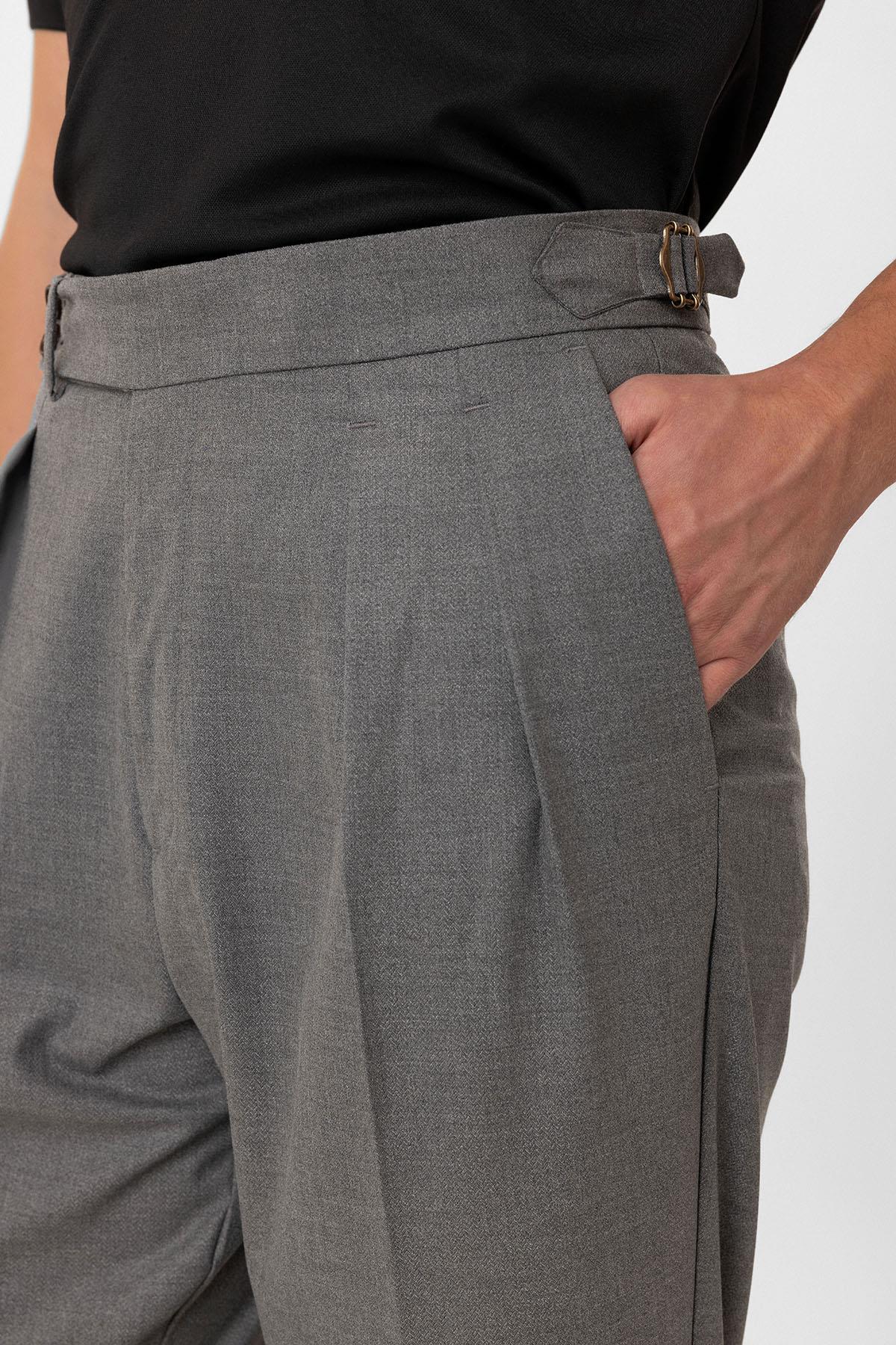 Antioch-Gri Pileli Yüksek Bel Erkek Pantolon-Kumaş Pantolon-4-Milagron.com