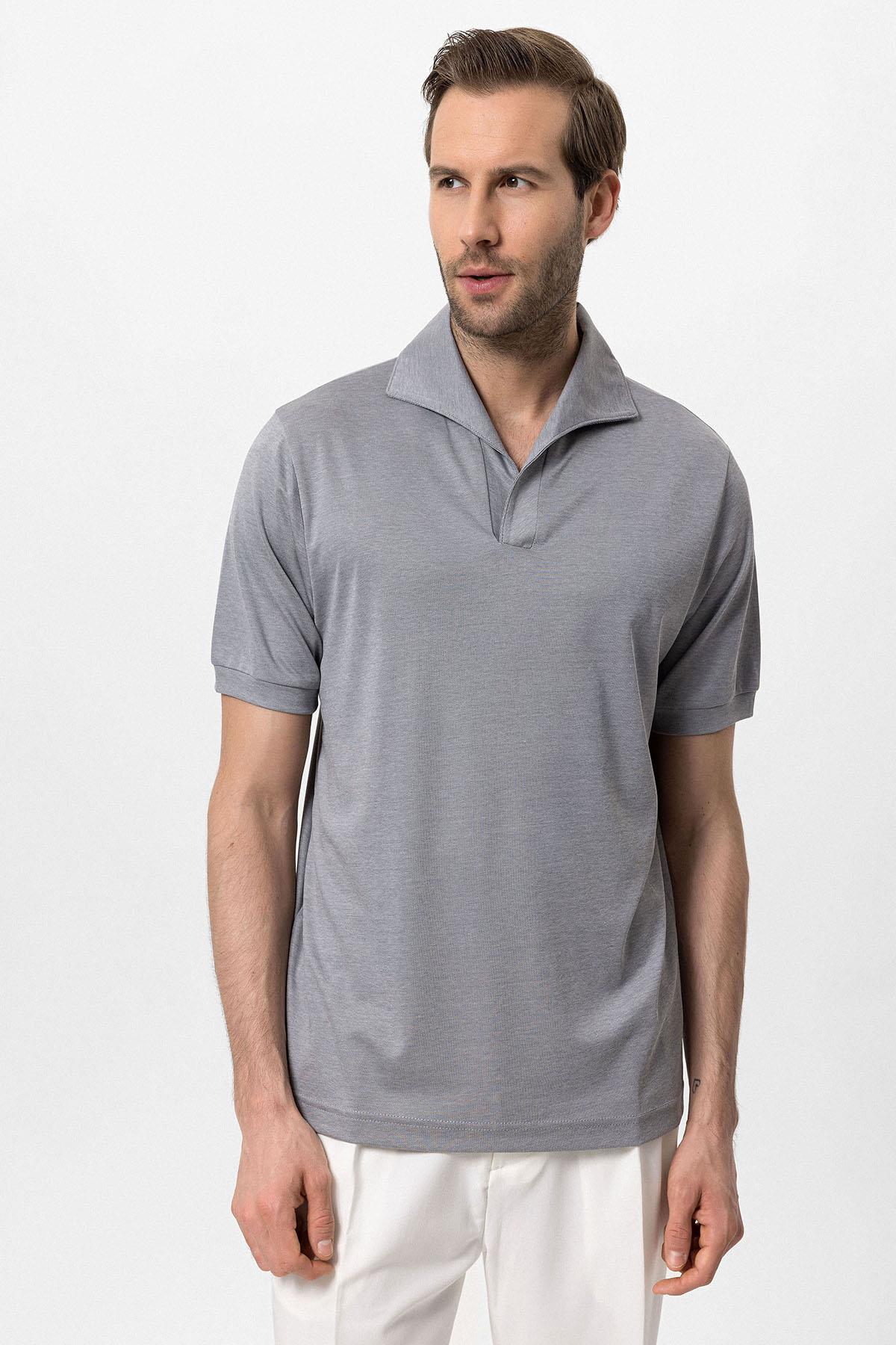 Antioch-Gri Regular Fit Apaş Yaka Erkek T Shirt-T-Shirts-4-Milagron.com