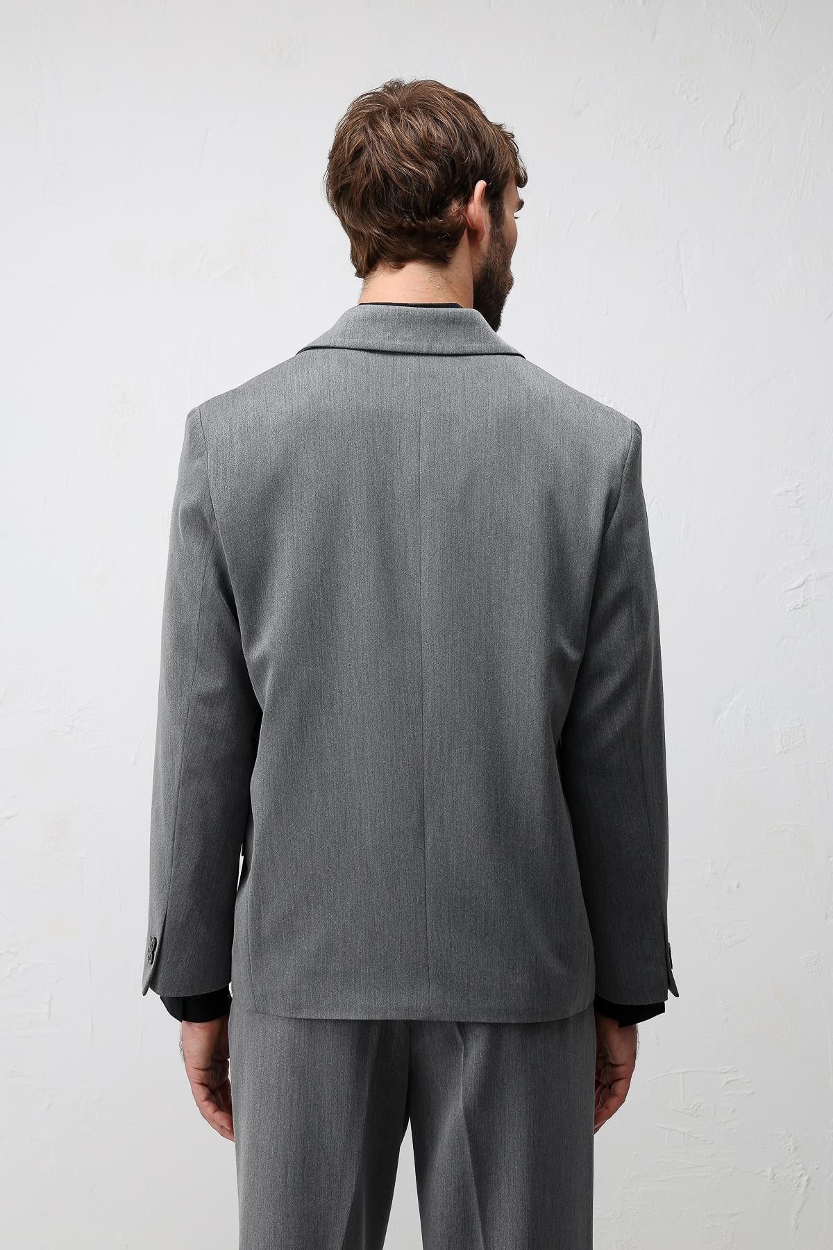 Antioch Gri Relax Fit Kruvaze Erkek Blazer Ceket