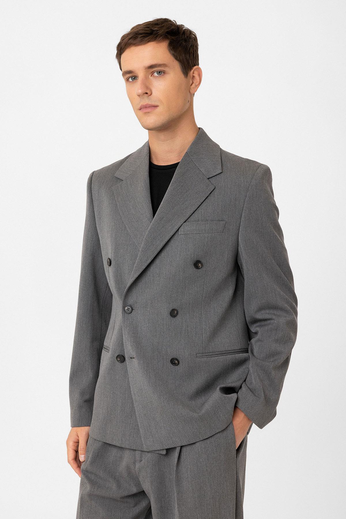 Antioch-Gri Relax Fit Kruvaze Erkek Blazer Ceket-Ceket-1-Milagron.com