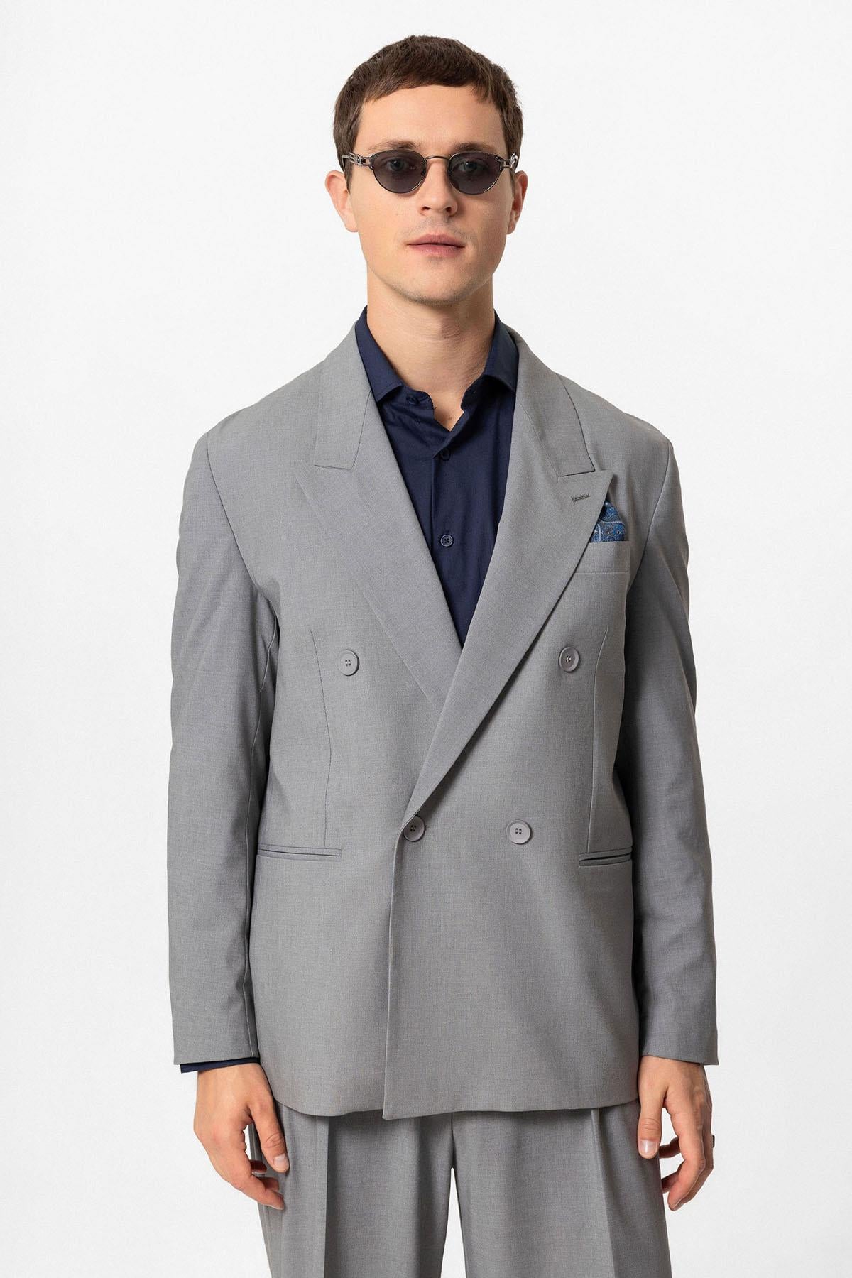 Antioch-Gri Tek Düğme Kruvaze Erkek Blazer Ceket-Ceket-1-Milagron.com