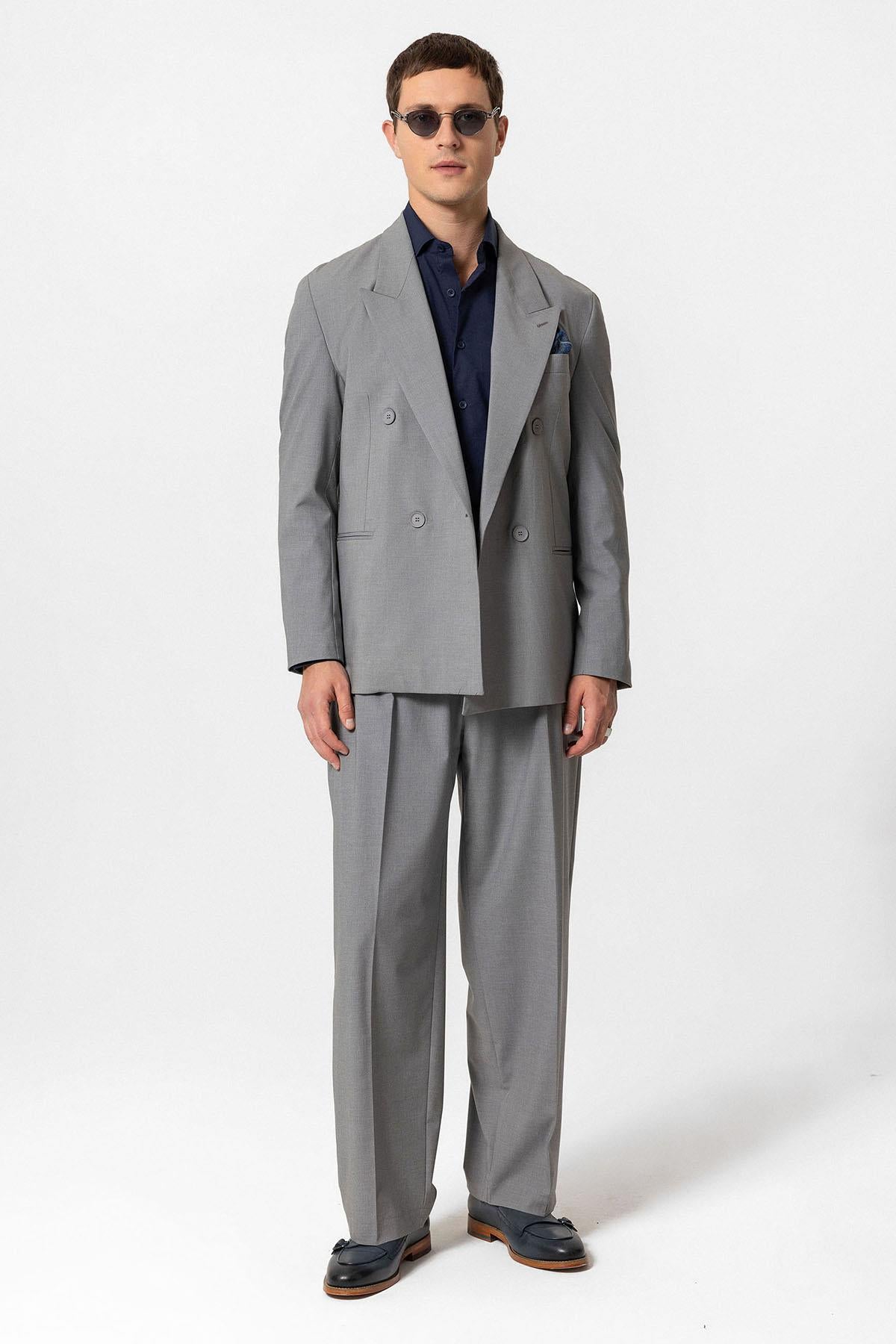 Antioch-Gri Tek Düğme Kruvaze Erkek Blazer Ceket-Ceket-3-Milagron.com